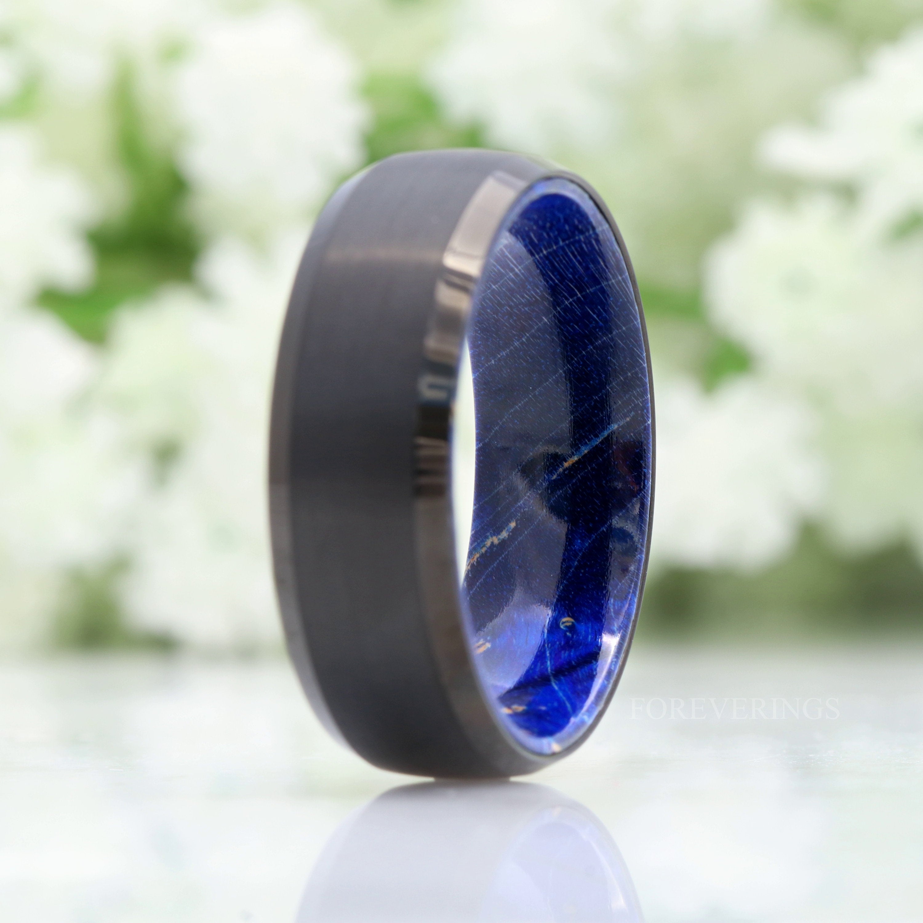 Blue Elder Wood and Tungsten Wedding Band, 8mm Black Ring, Brushed Matte, Dome, Comfort Fit, Beveled Edge, Gift for Him