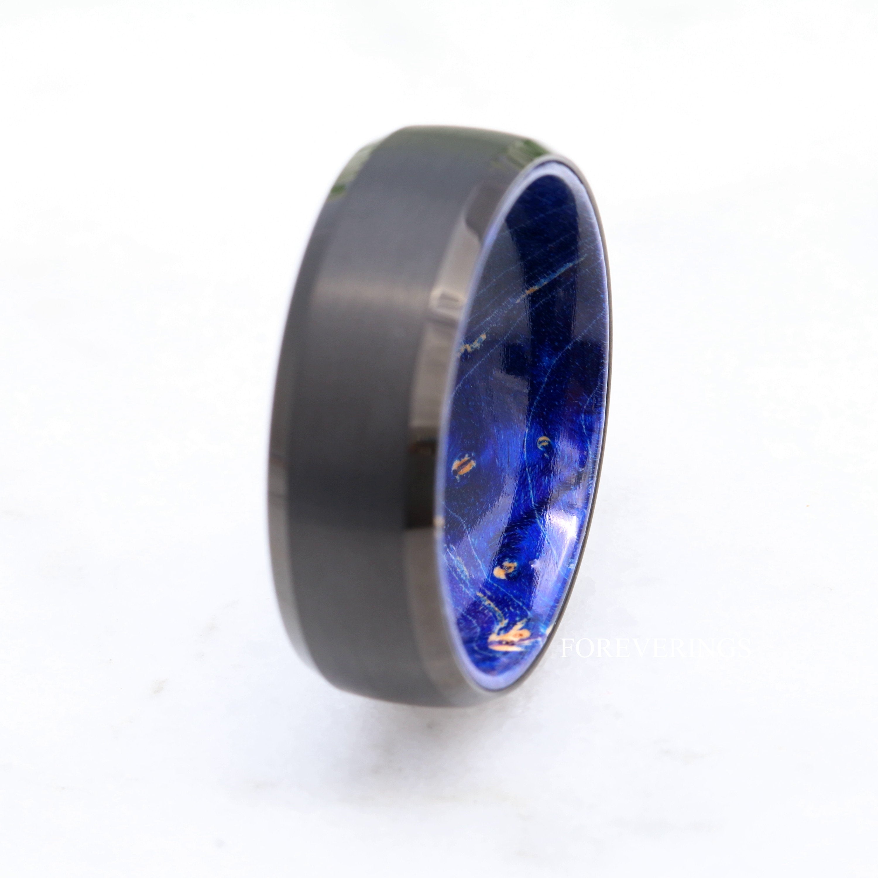 Blue Elder Wood and Tungsten Wedding Band, 8mm Black Ring, Brushed Matte, Dome, Comfort Fit, Beveled Edge, Gift for Him