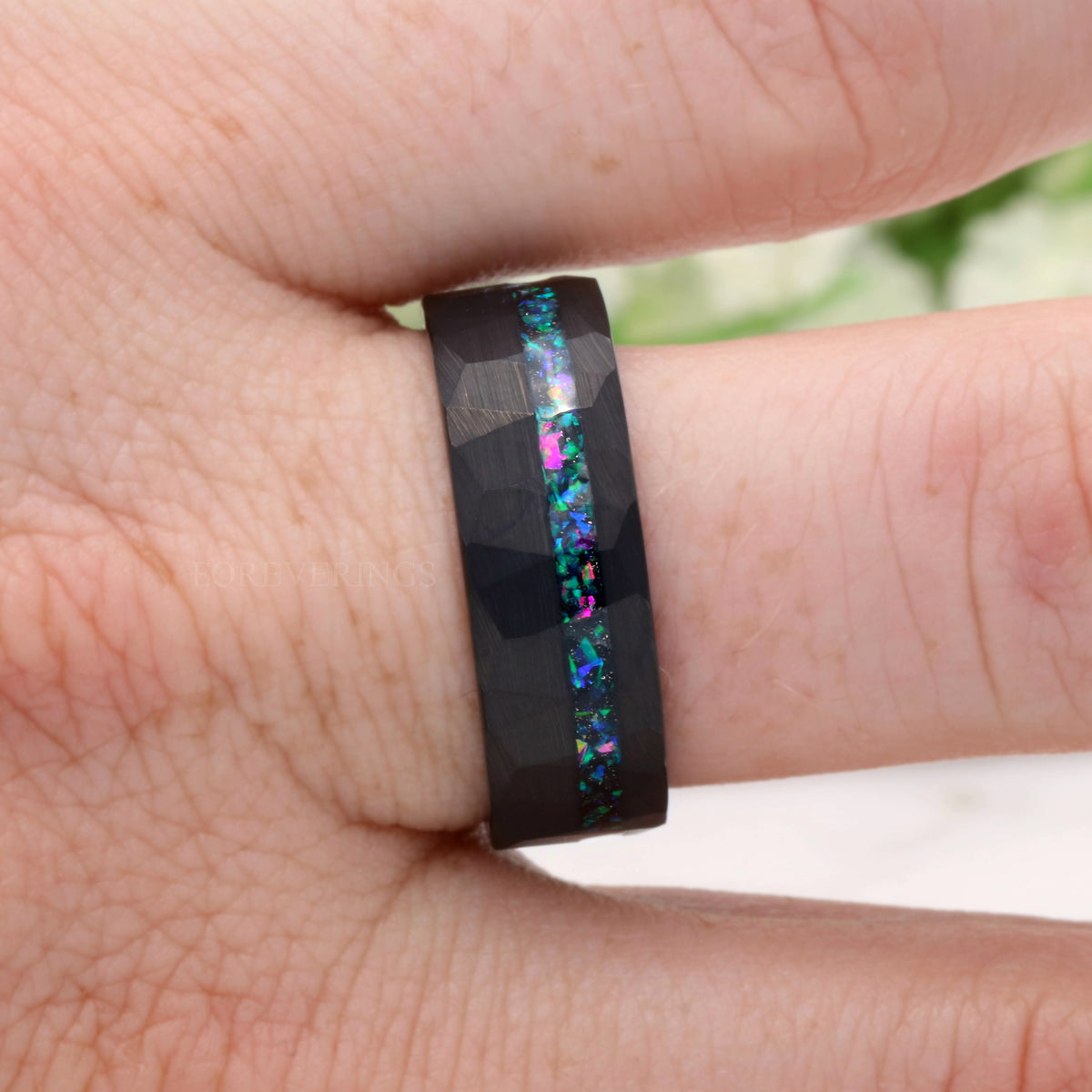 Galaxy Opal Offset Inlay Black Tungsten Ring | Mens Hammered Wedding Band