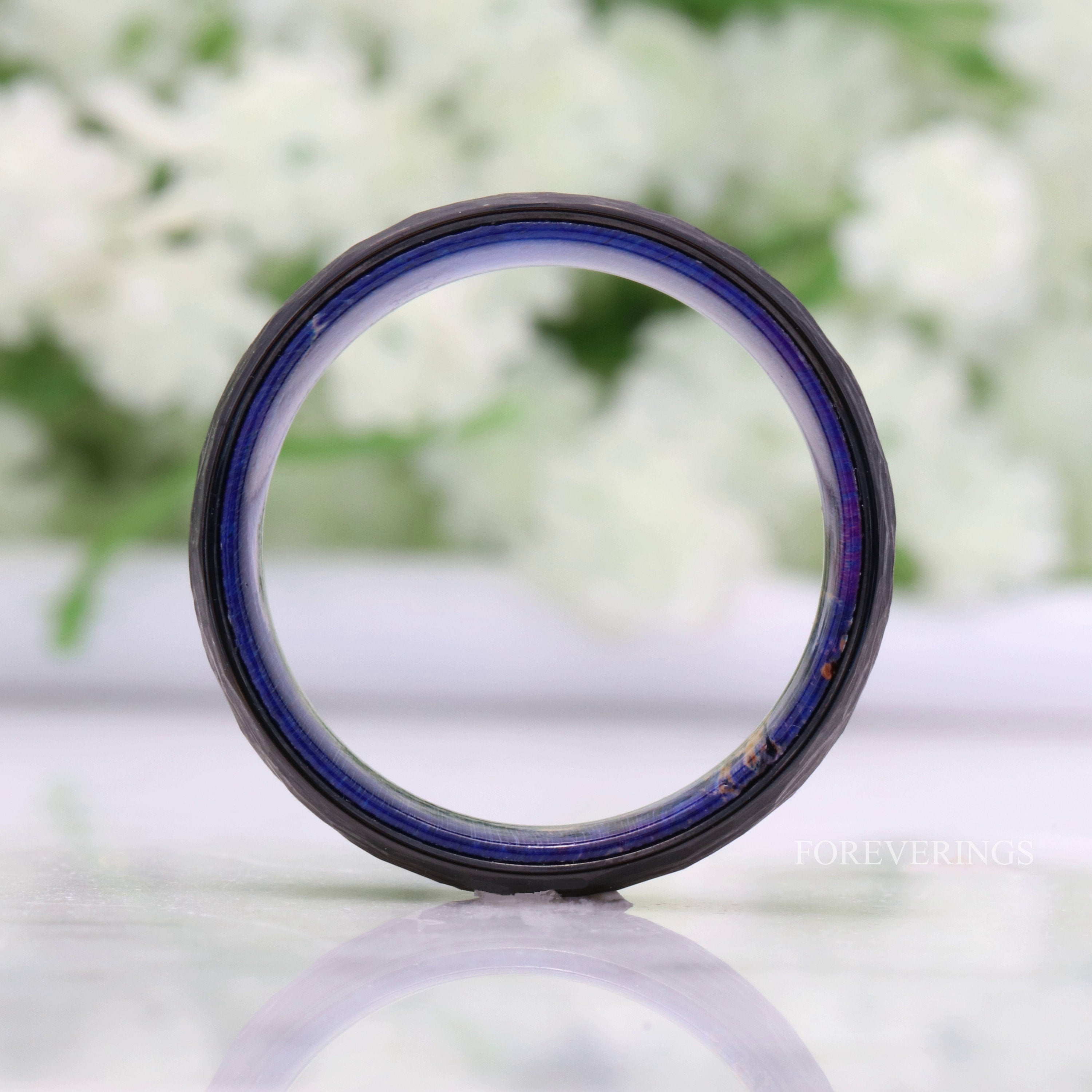 Mens Wood Wedding Band, Black Tungsten Ring, Black and Blue, Hammered, Brush Matte, Dome, Man Engagement Ring, 5th Anniversary Gift for Him