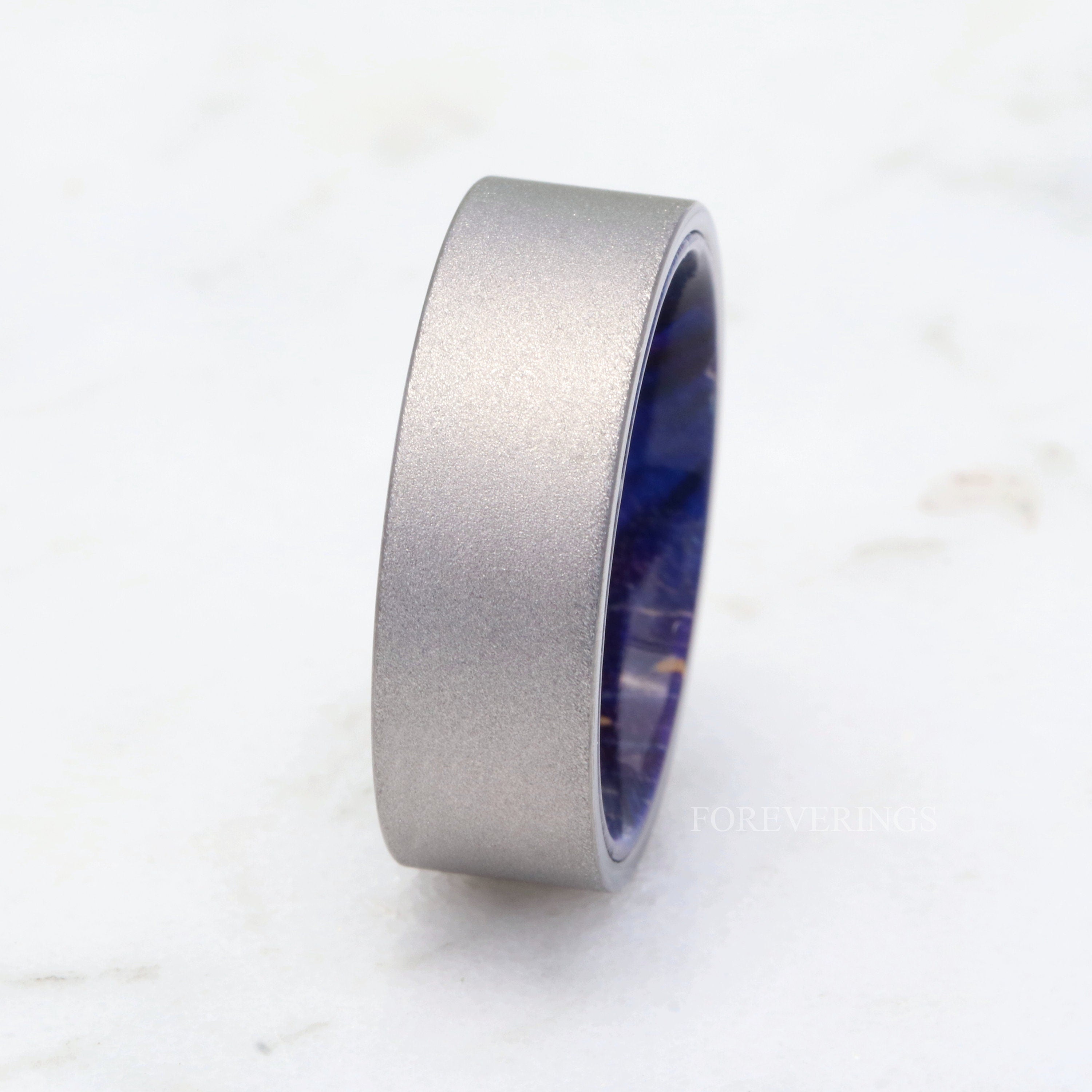 Blue Elder Wood Ring, 8mm Silver Tungsten Ring, No Plating, Mens Wedding Band, Sandblasted, Flat, Comfort Fit