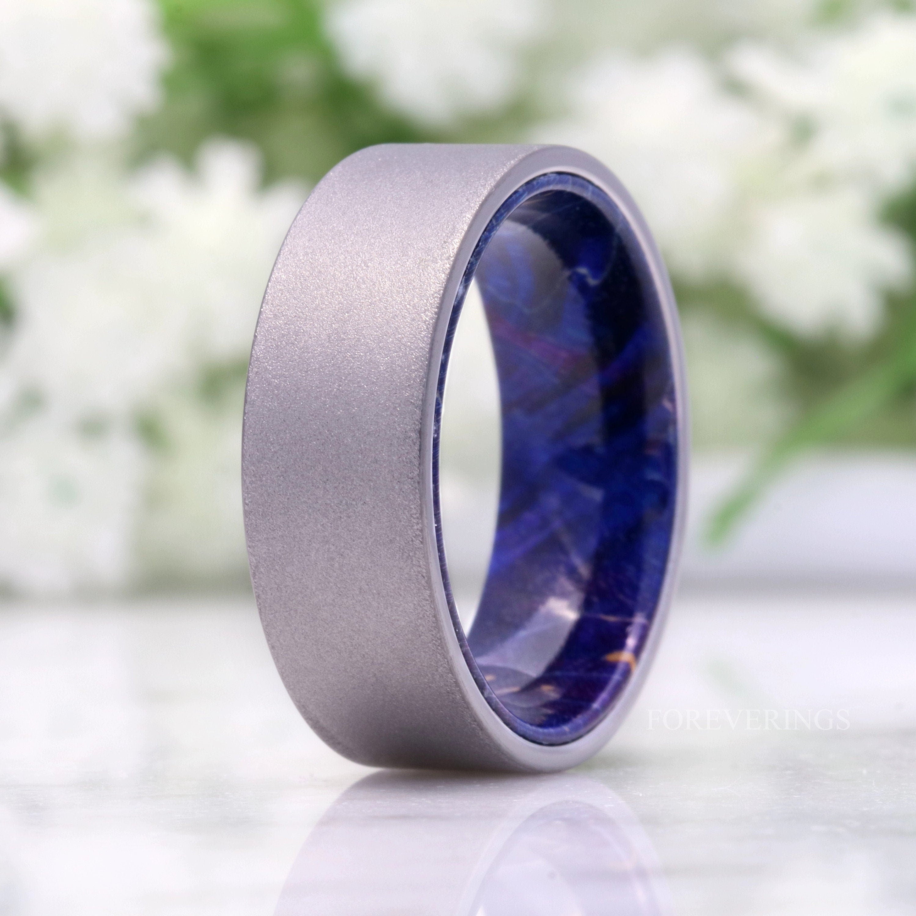 Blue Elder Wood Ring, 8mm Silver Tungsten Ring, No Plating, Mens Wedding Band, Sandblasted, Flat, Comfort Fit