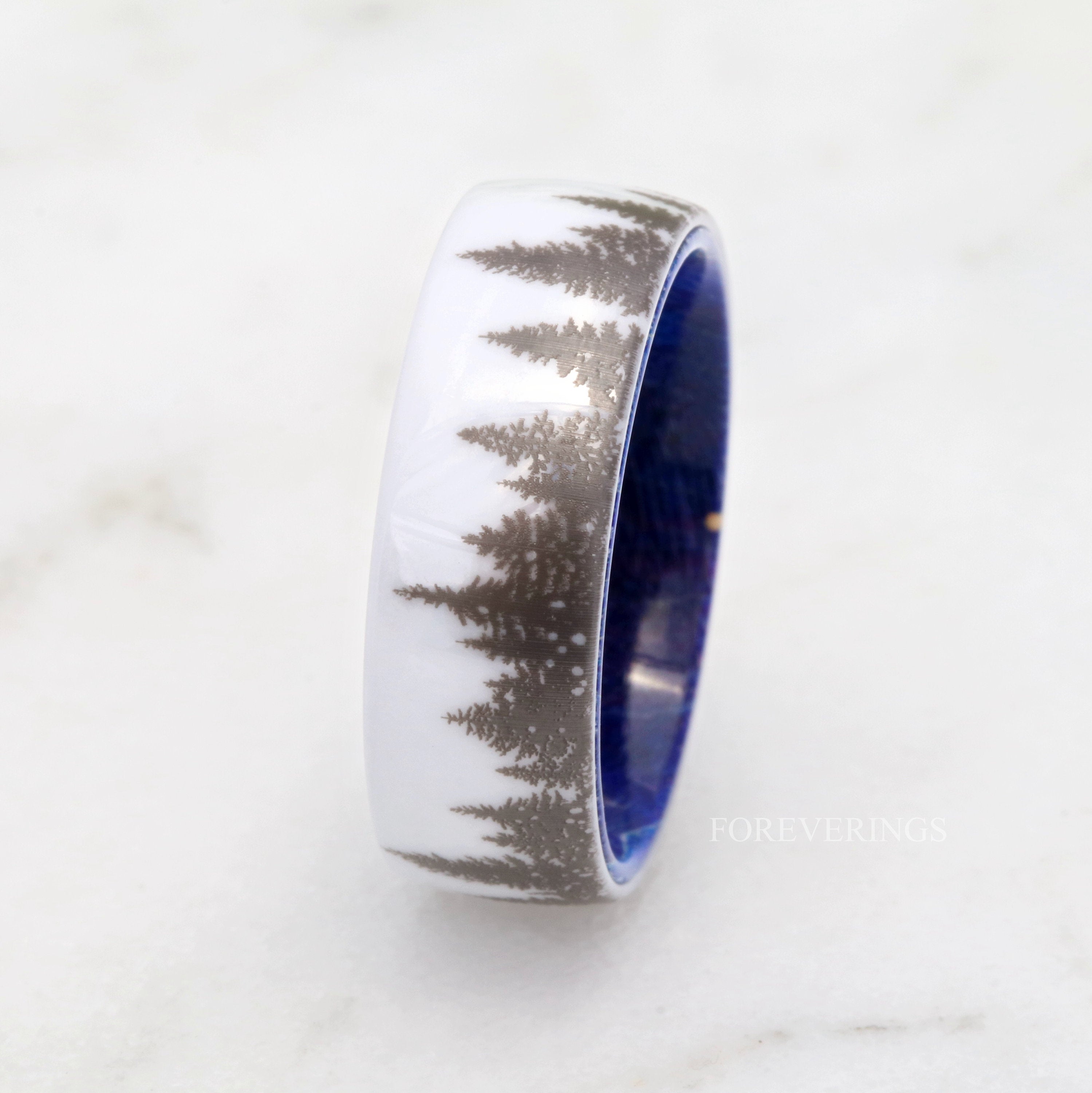 Man Forest Tree Ring, Blue Wood Wedding Band, 8mm-6mm White Ceramic Ring, Nature Landscape Band, Pine Tree Ring, Promise Ring, Dome Polish