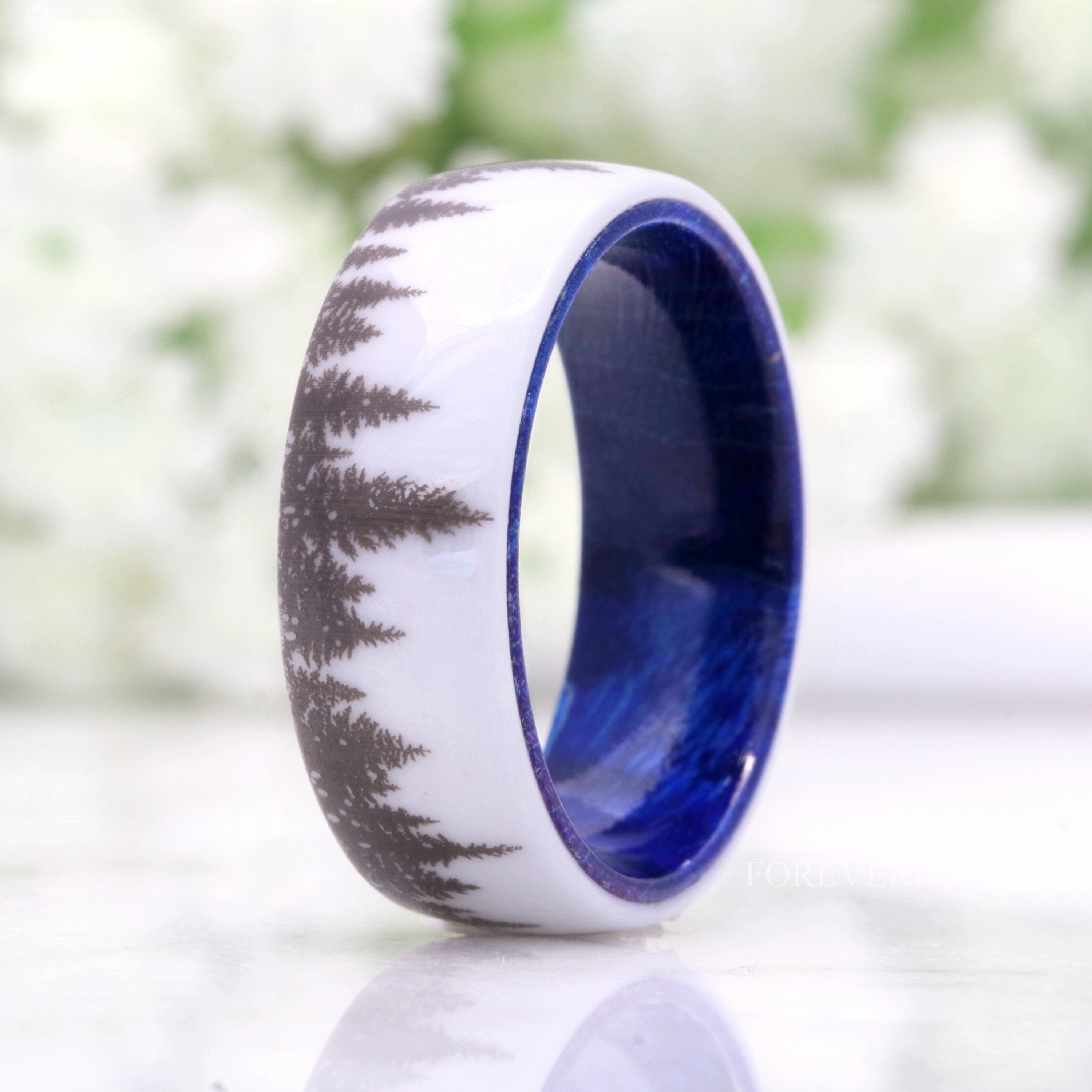 Man Forest Tree Ring, Blue Wood Wedding Band, 8mm-6mm White Ceramic Ring, Nature Landscape Band, Pine Tree Ring, Promise Ring, Dome Polish