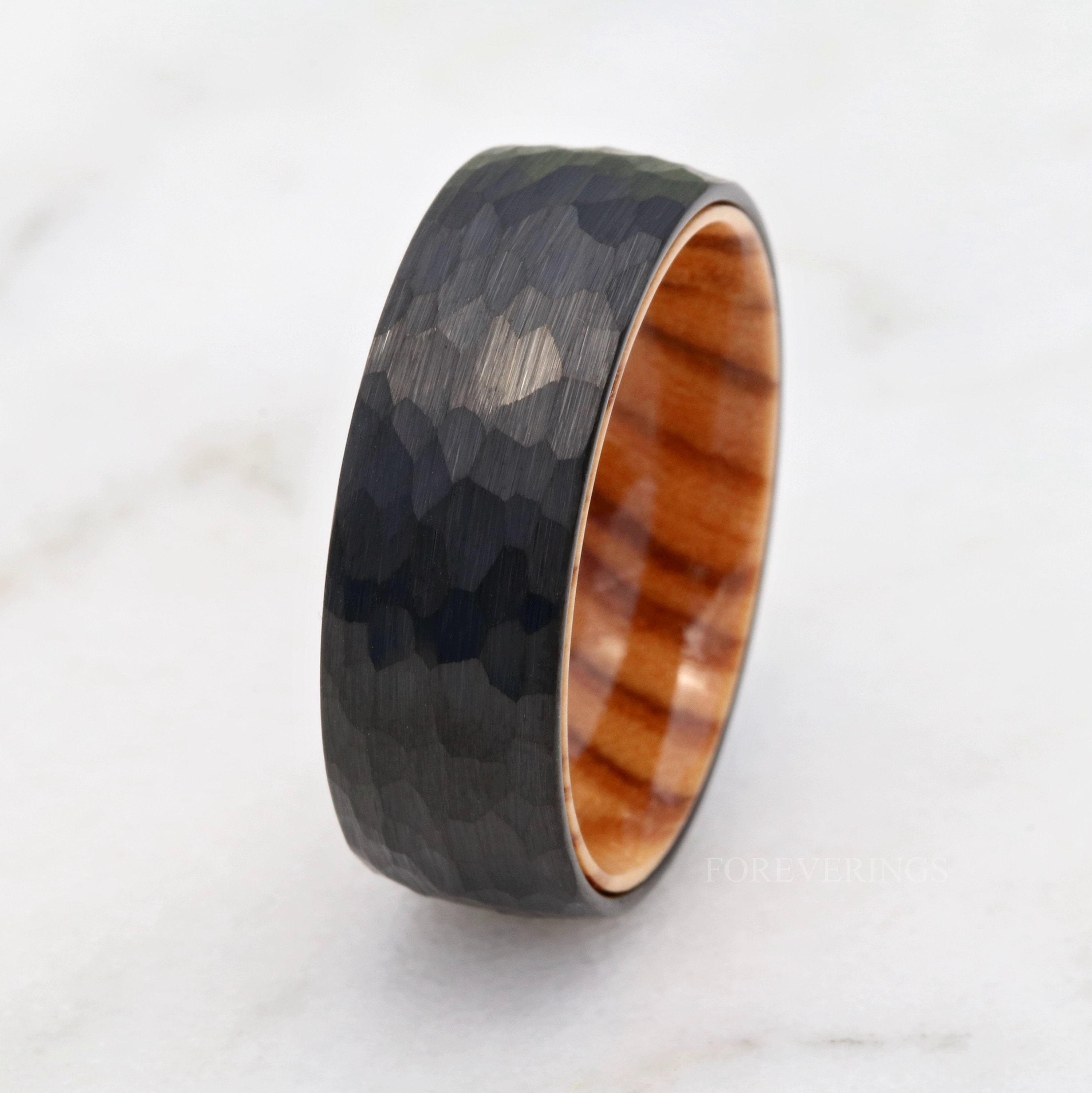 Olive Wood and Tungsten Ring, 8mm Mens Wedding Band, Hammered, Brushed Matte, Dome, Comfort Fit