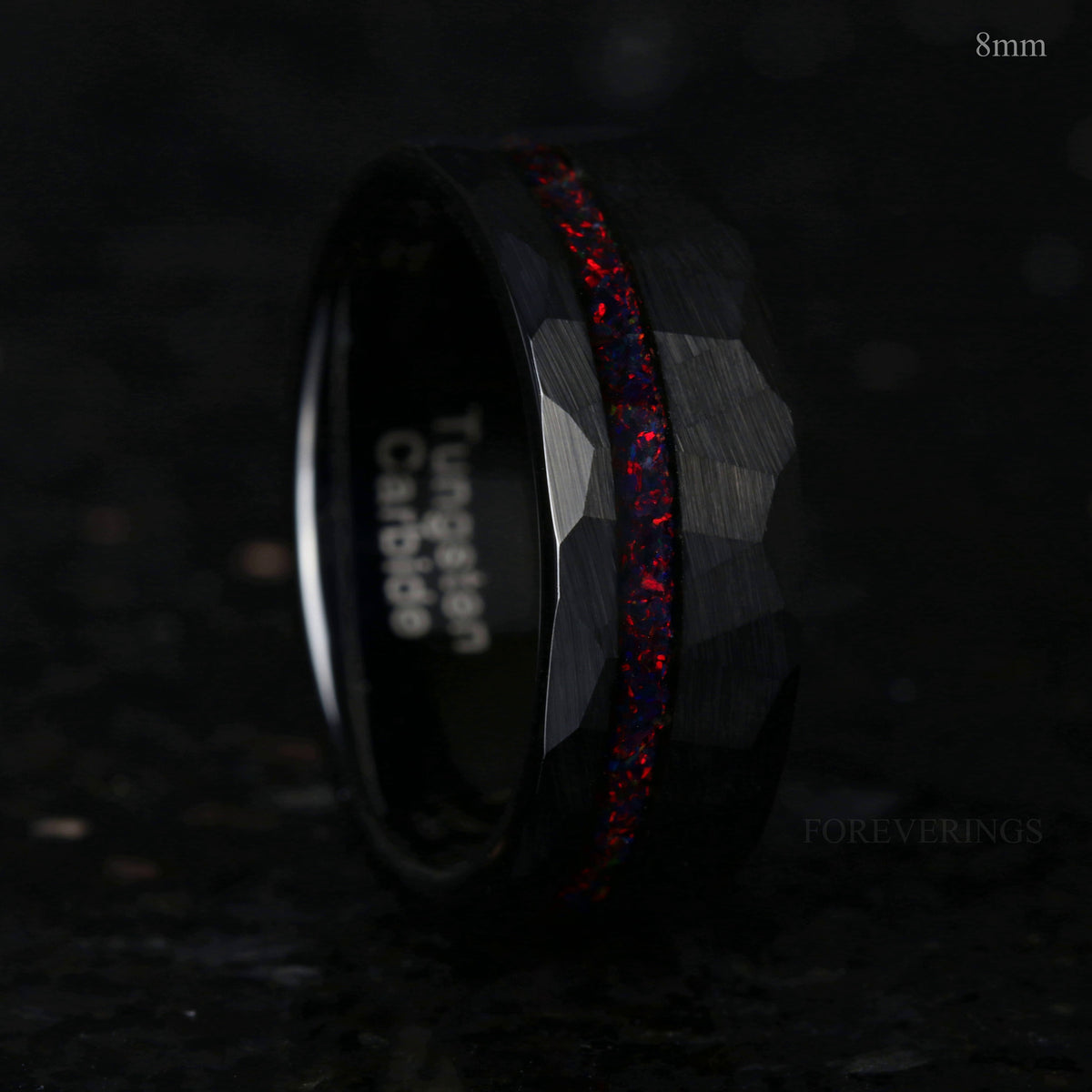 Mens Black Opal Wedding Band | Hammered Black Tungsten Ring