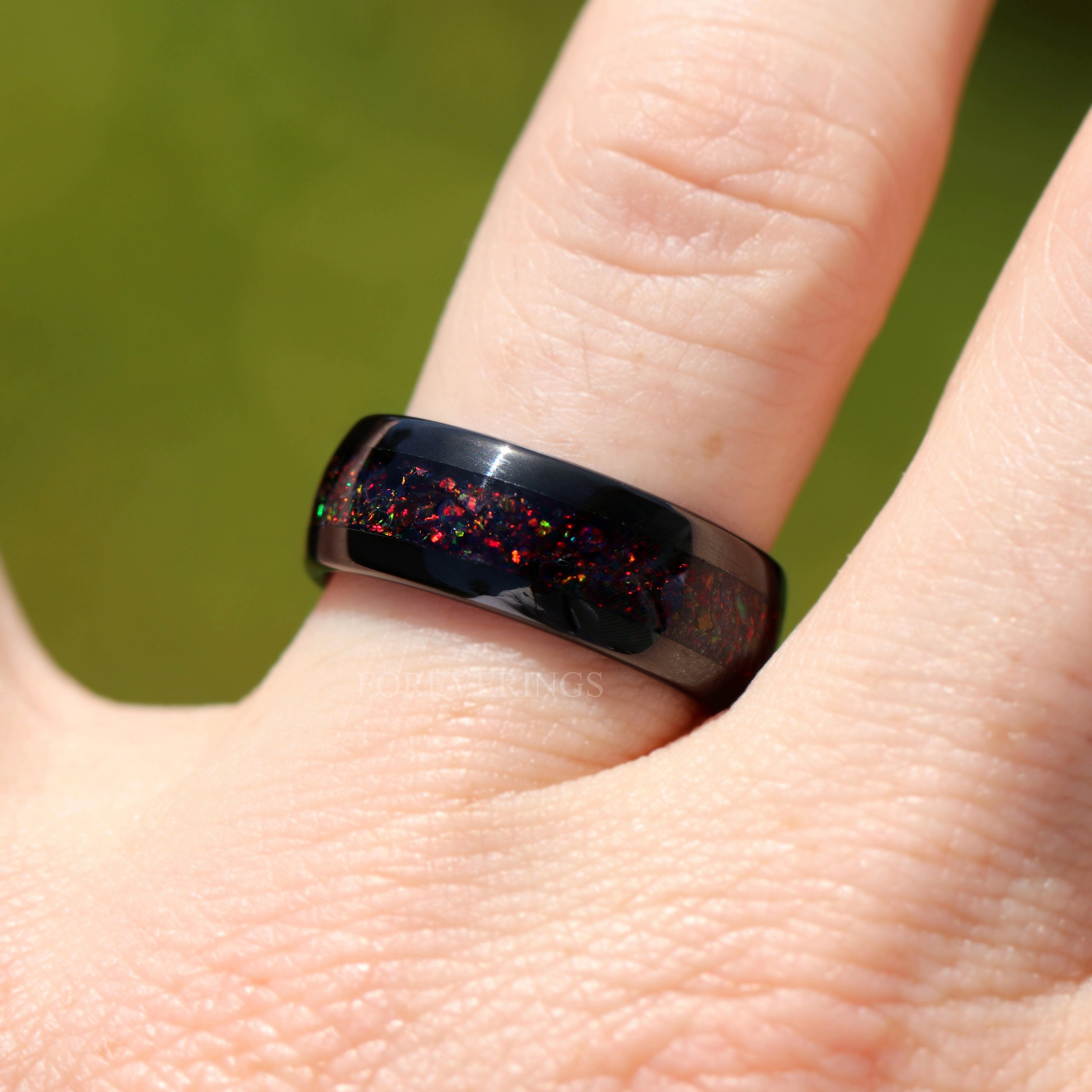 His and Hers Wedding Band, Black Fire Opal Ring, Black Rhodium Sterling Silver and Black Tungsten Ring Set, Couples Ring, Black Gold Filled