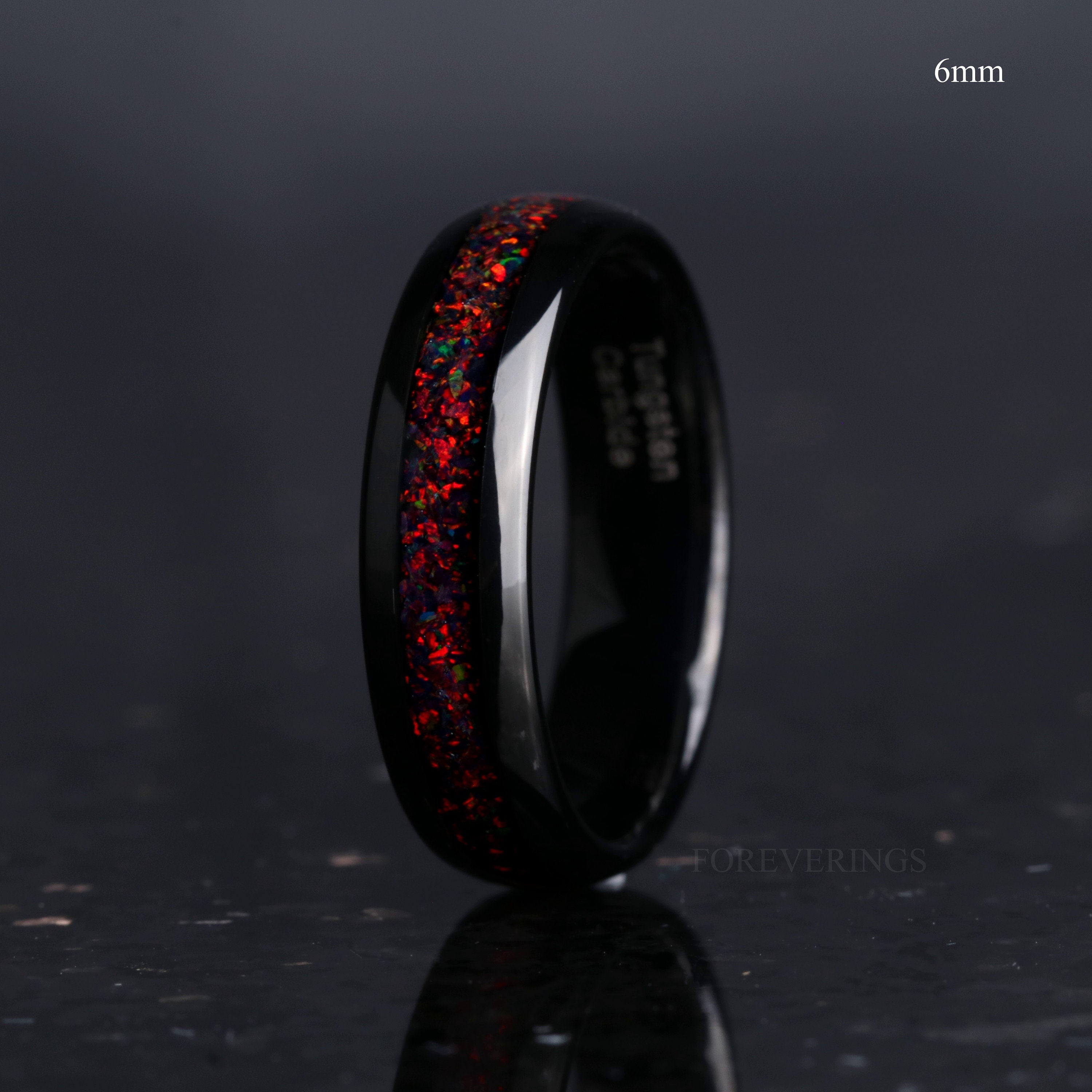 Black Opal Tungsten Ring, Black Wedding Band, 8mm-6mm-4mm, Man Woman Band, Black Fire Opal, Polished, Dome, Black and Red Ring, Engraving