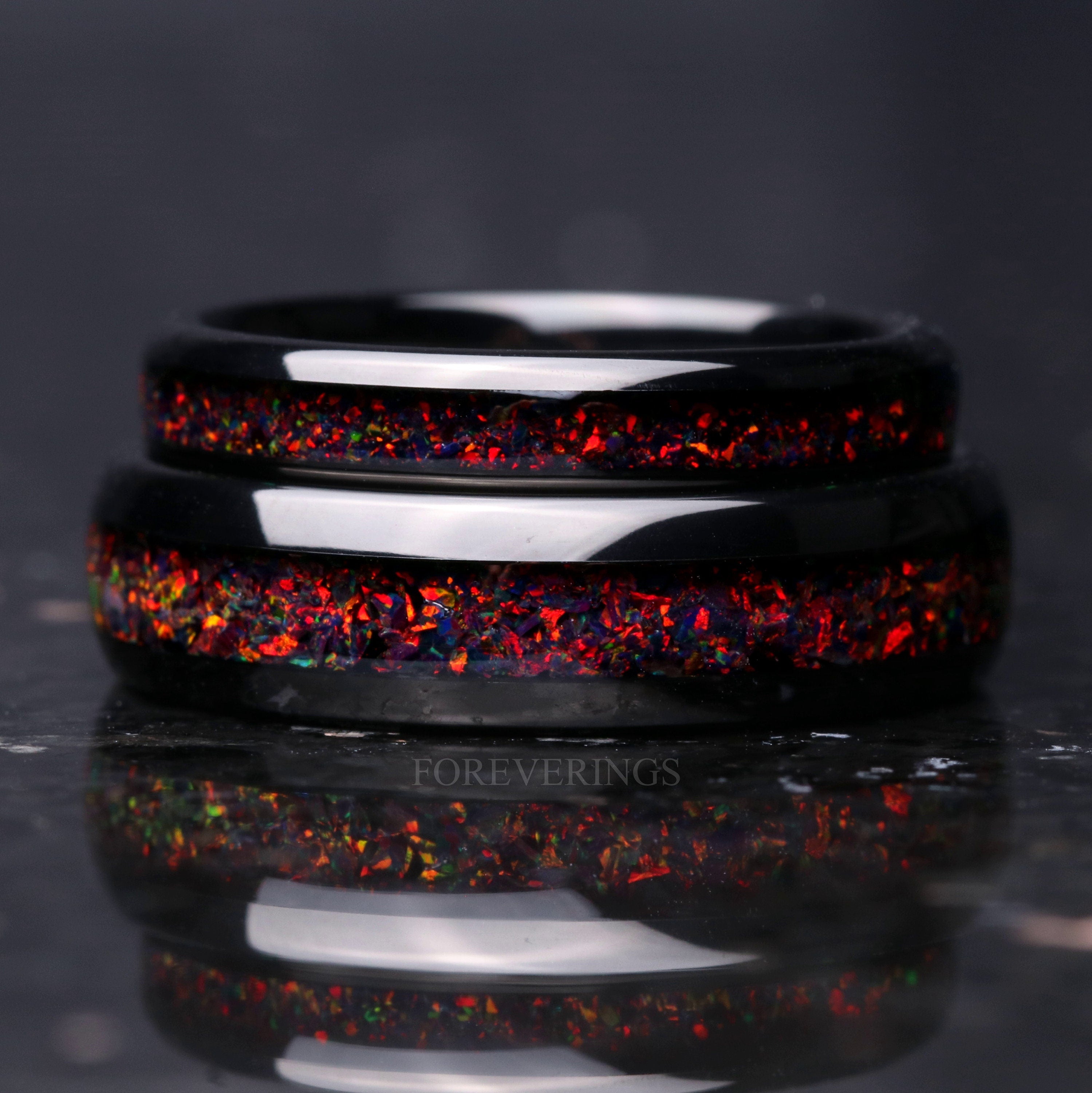 His and Hers Tungsten Wedding Band, 6mm & 4mm Black Rings, Crushed Black Fire Opal Rings, Couples Ring, Polish, Dome, Comfort Fit