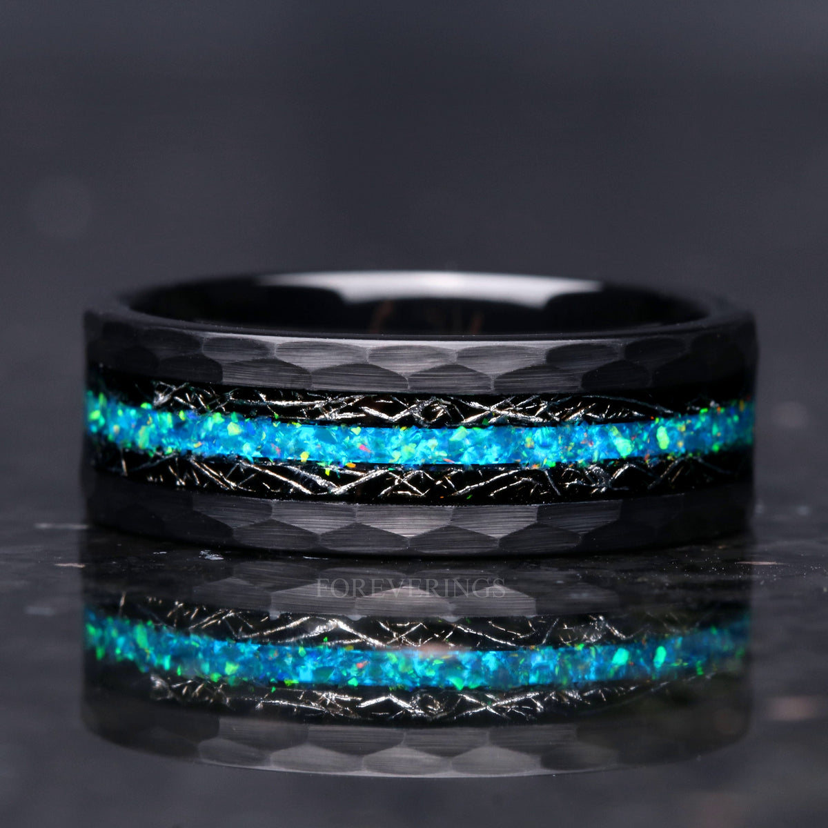 Blue Opal & Black Meteorite | Hammered Black Tungsten Wedding Band | 8mm