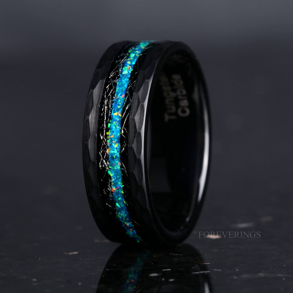 Blue Opal & Black Meteorite | Hammered Black Tungsten Wedding Band | 8mm