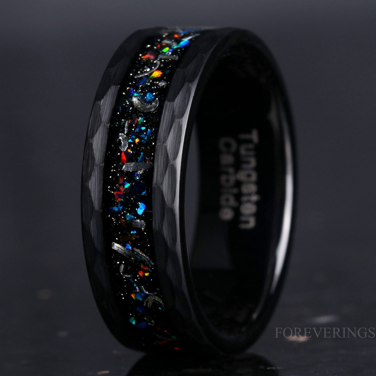 Meteorite Galaxy Opal Wedding Band | Hammered Black Tungsten Ring