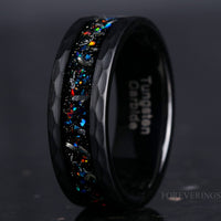 Meteorite Galaxy Opal Wedding Band | Hammered Black Tungsten Ring