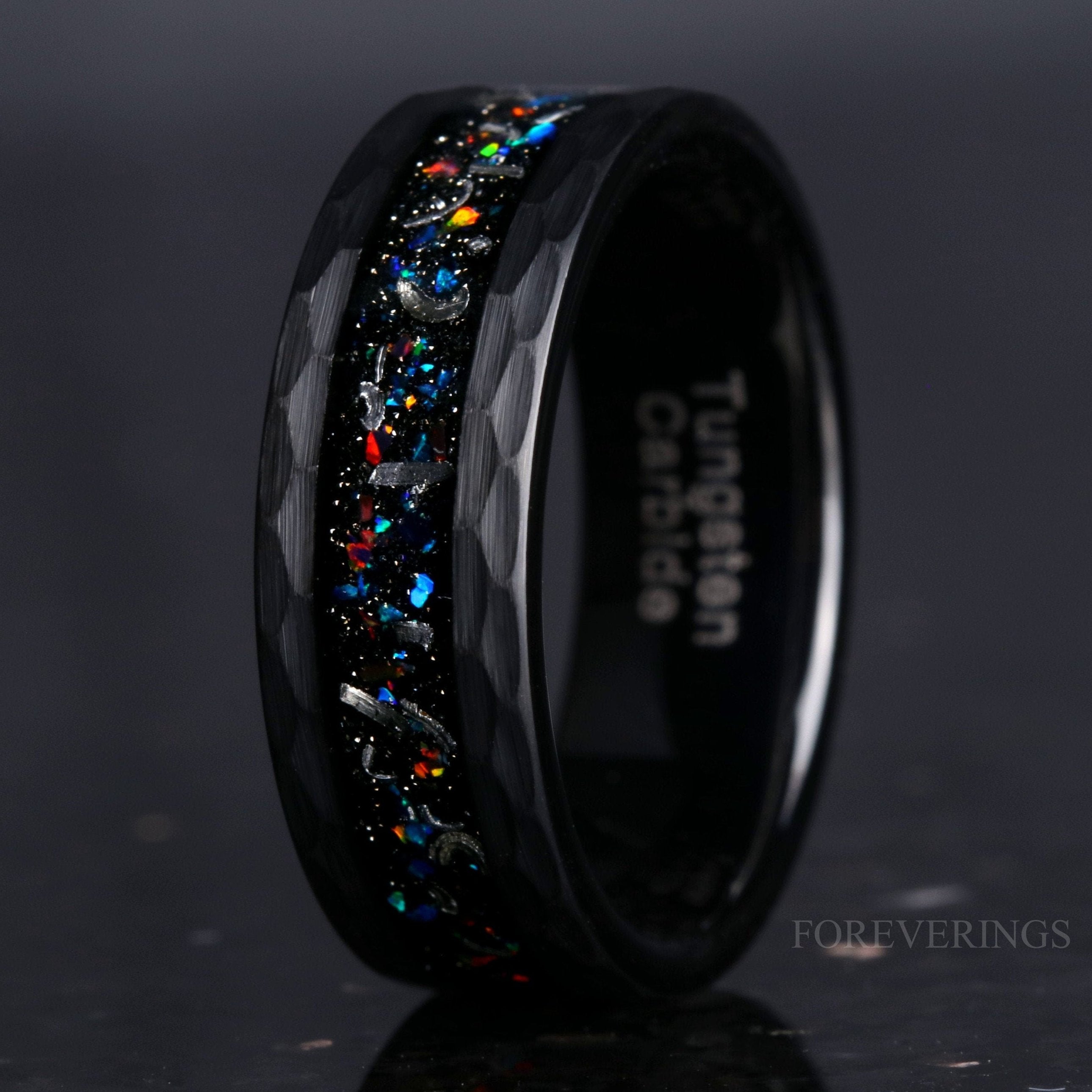 Meteorite Galaxy Opal Wedding Band, Black Tungsten Ring, 8mm-6mm-4mm, Hammered, Flat, Matte Brushed, Authentic Meteorite Ring, Unique Ring