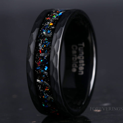 Meteorite Galaxy Opal Wedding Band | Hammered Black Tungsten Ring