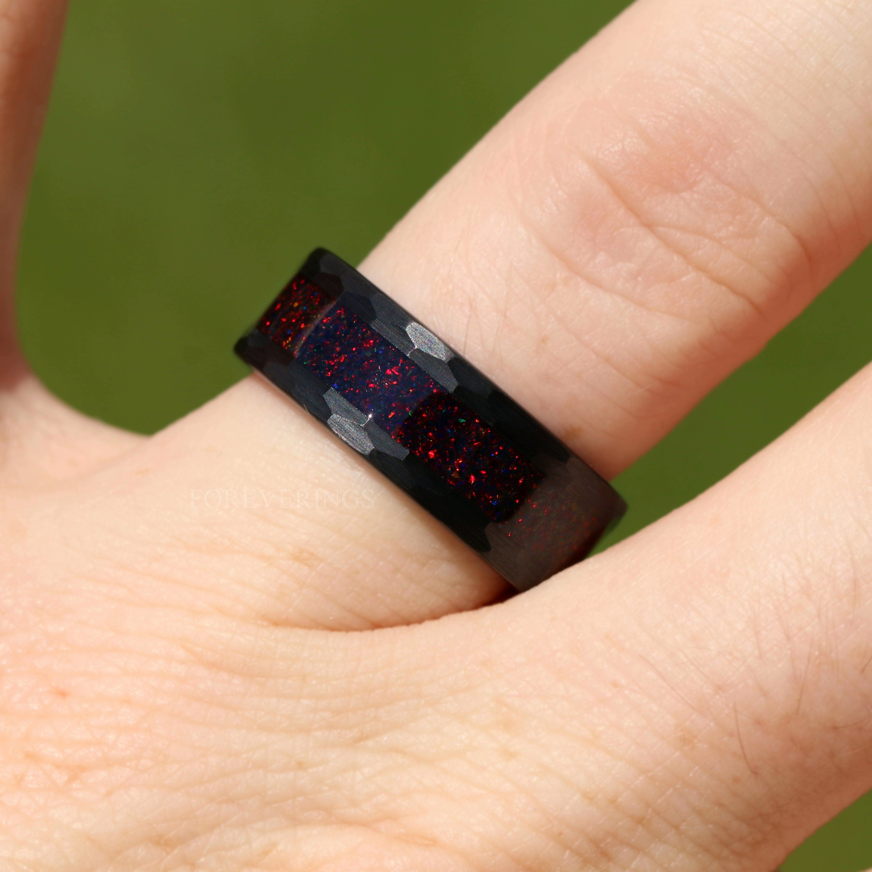 Mens Black Opal Ring, Black Hammered Tungsten Wedding Band, 8mm-6mm-4mm Crushed Black Fire Opal, Flat, Matte Brush, Man Woman Ring, Engrave