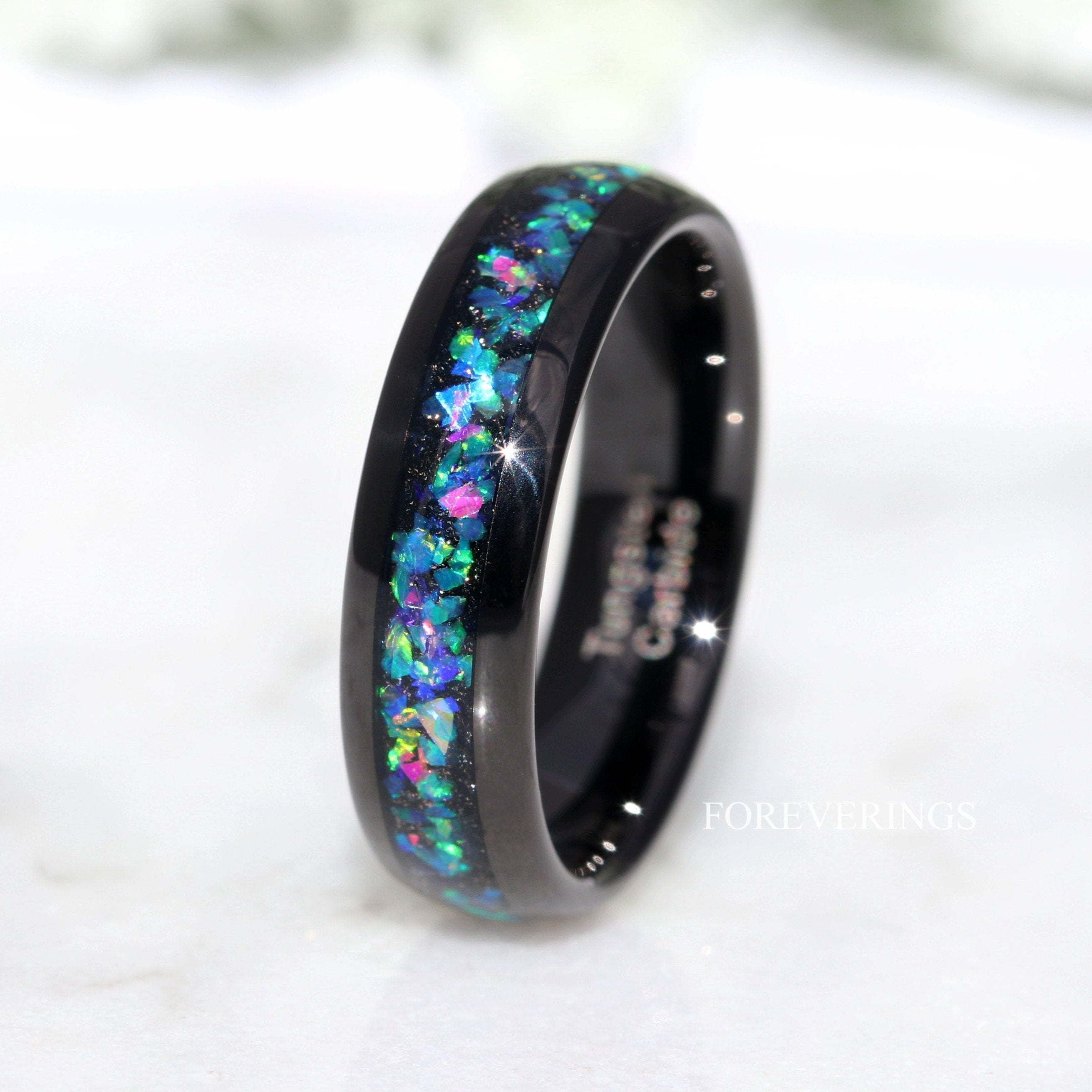 Galaxy Opal Ring, Black Tungsten Wedding Band, 6mm Band, Men Women Ring, Domed, Polished, Comfort Fit, Birthday Anniversary Gift for Him