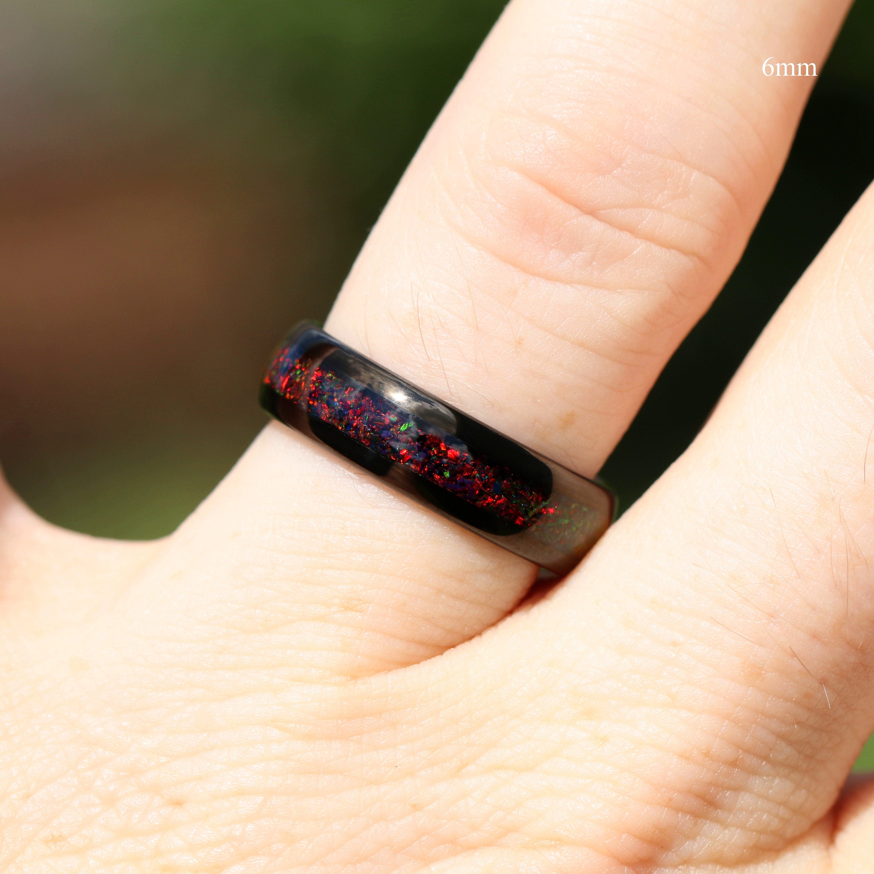 Black Opal Tungsten Ring, Black Wedding Band, 8mm-6mm-4mm, Man Woman Band, Black Fire Opal, Polished, Dome, Black and Red Ring, Engraving