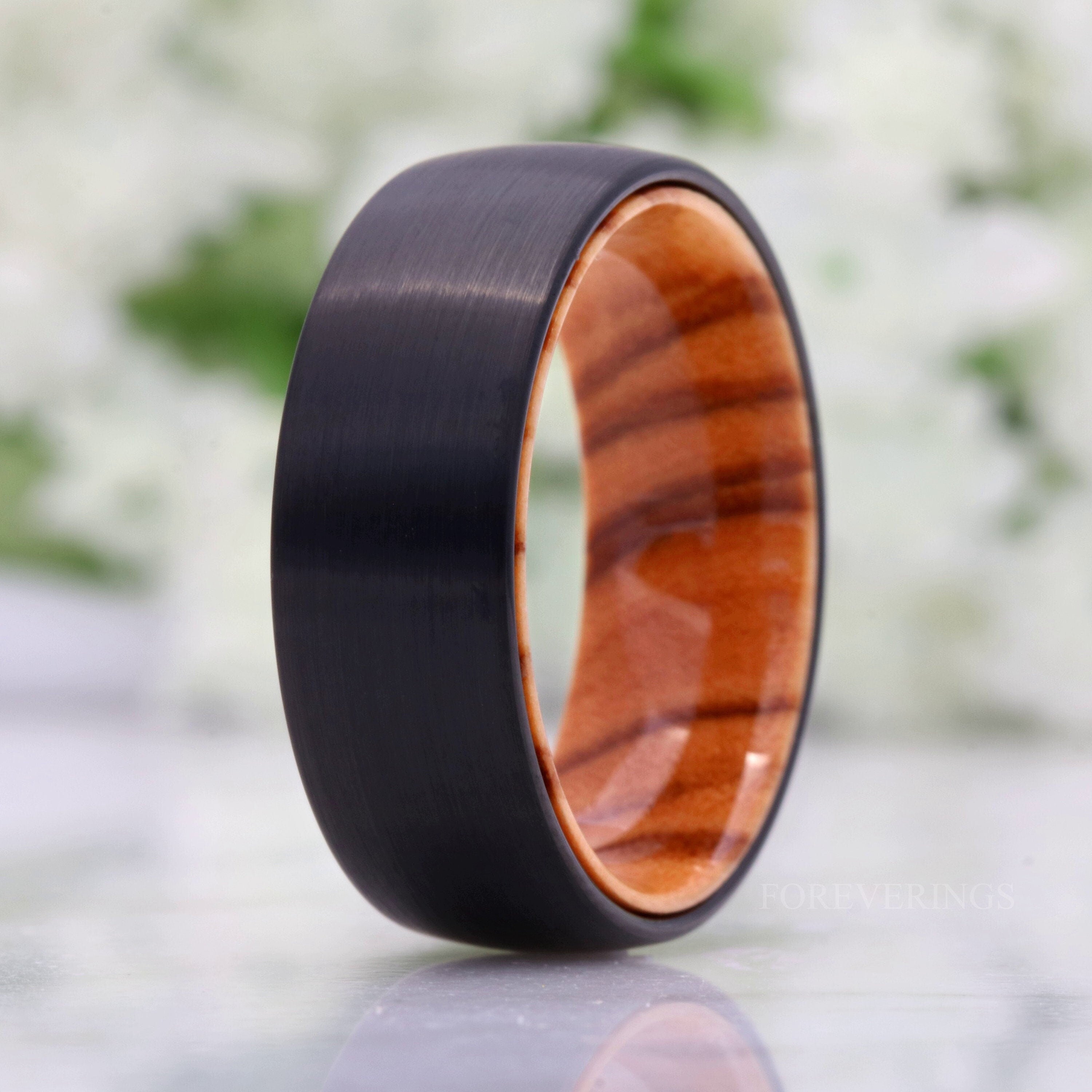 Olive Wood and Tungsten Ring, 8mm Black Ring, Simple Dome and Matte-Brush, Comfort Fit, Birthday Anniversary Gift for Him