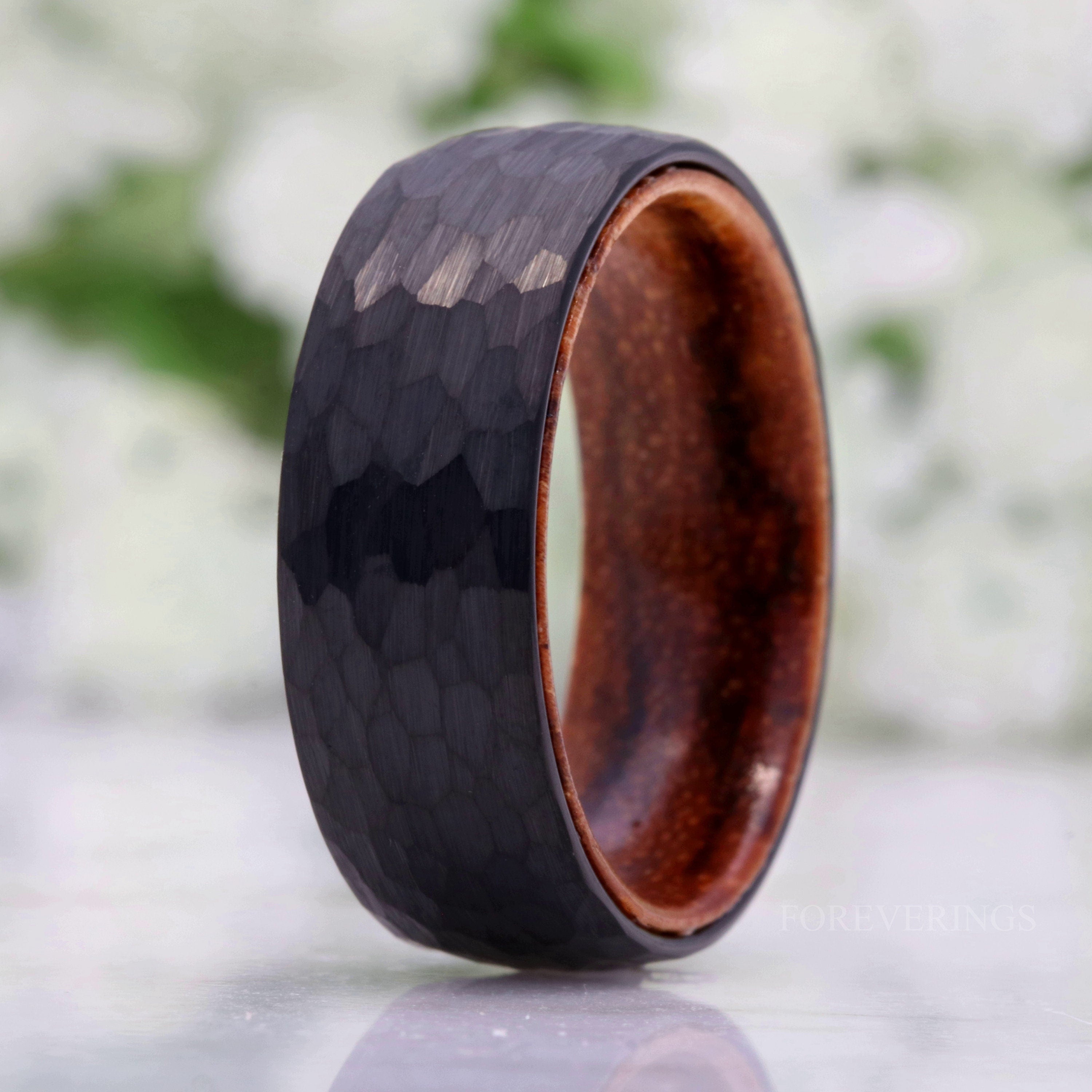 Zebra Wood and Tungsten Ring, 8mm Black Wedding Band, Hammered, Matte Brushed, Comfort Fit, Domed, Gift for Him