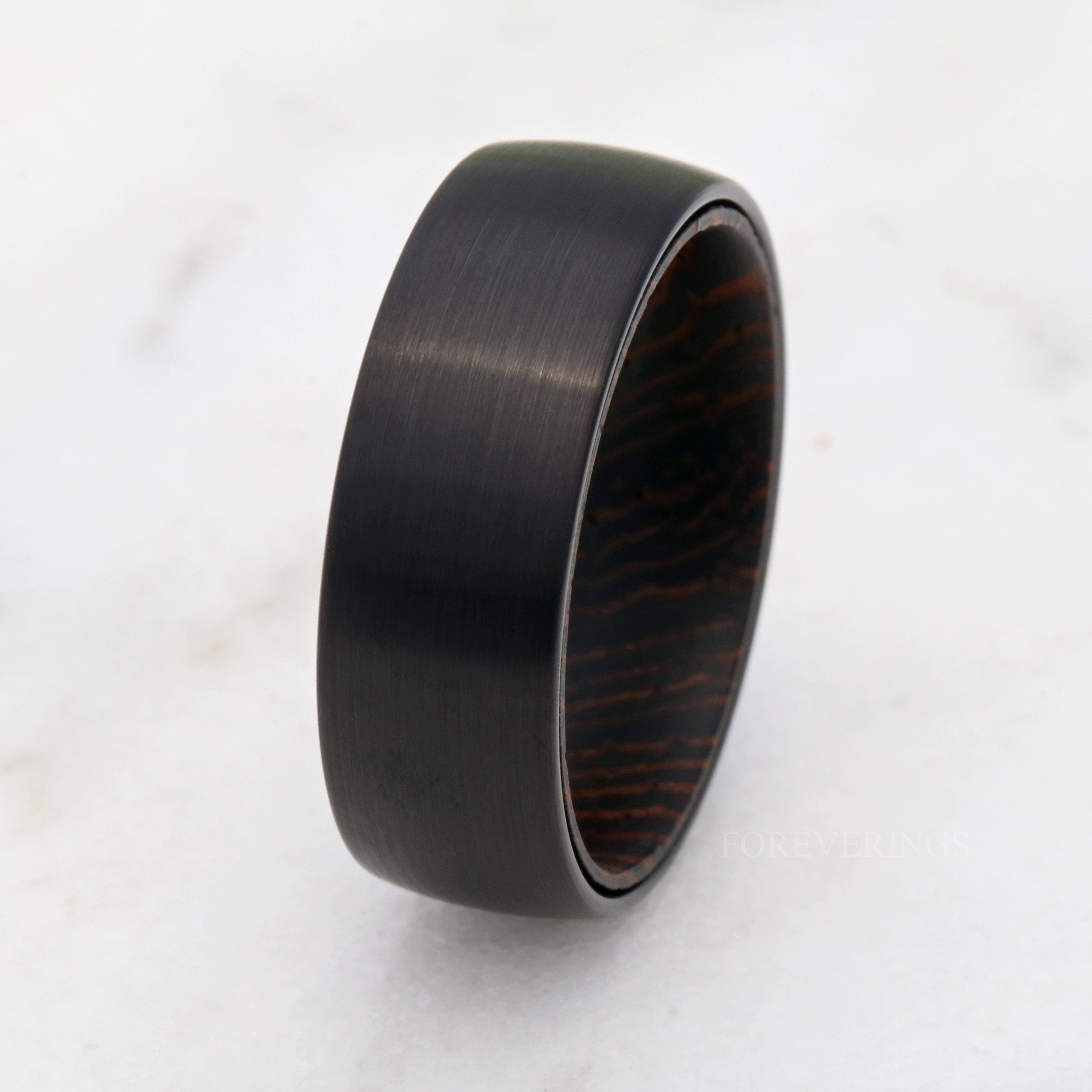 Wenge Wood and Tungsten Ring, Mens Wedding Band, Dark Wood Ring, 8mm Black Band, Matte Brushed, Comfort Fit, Dome, Gift for Him