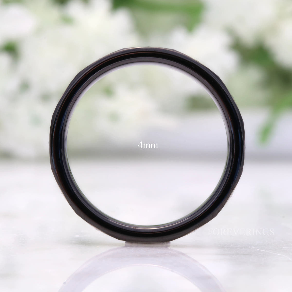 4mm hammered black tungsten band standing on edge as a full circle, labeled 4mm