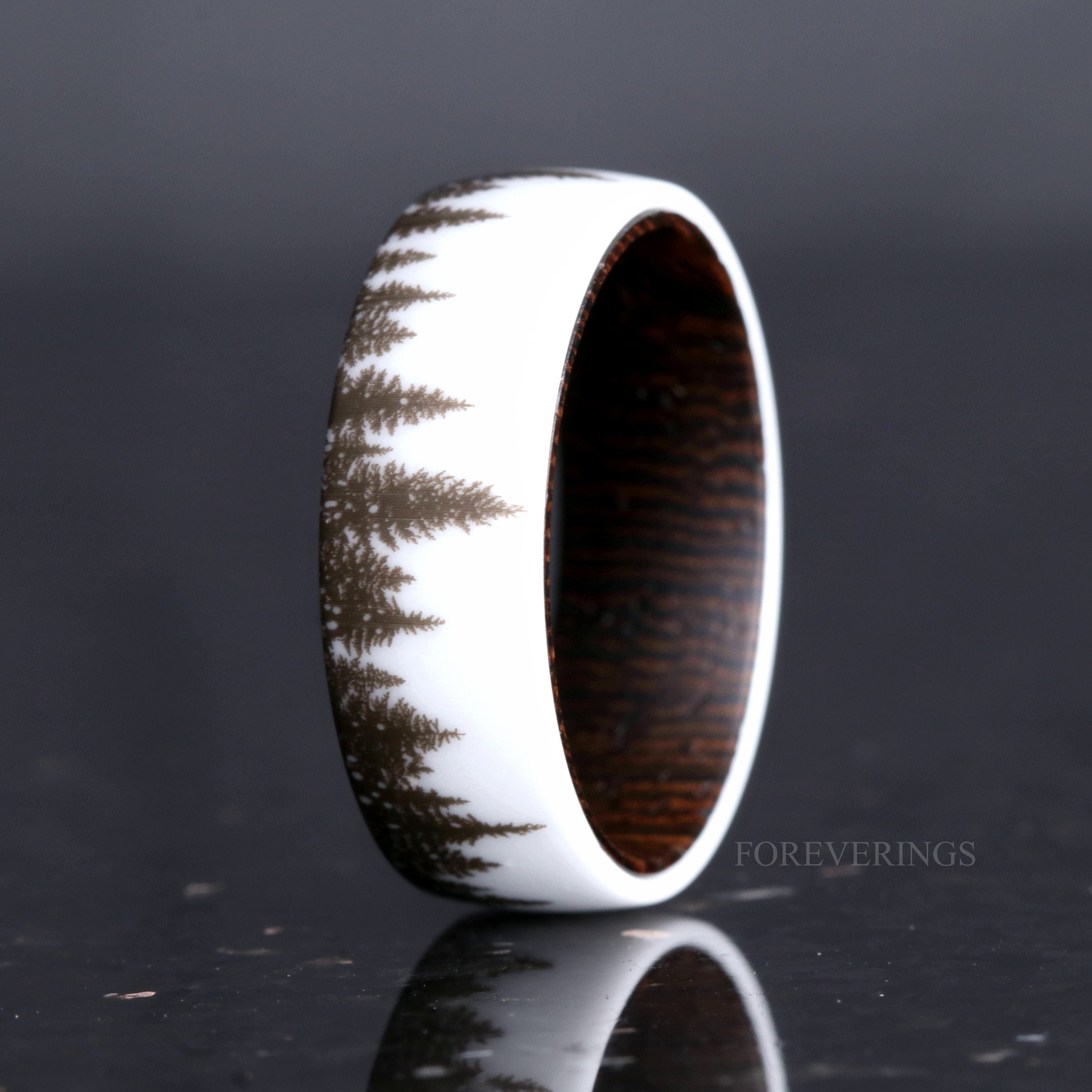 Men White Forest Tree Ring with Dark Wood, Mens Wedding Band, 8mm-6mm, Nature Landscape of Forest Trees Ring, Comfort Fit, Dome, Polish