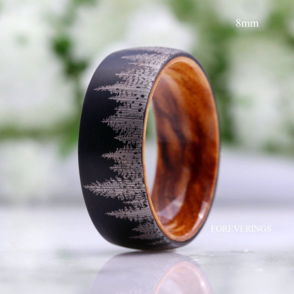 Men Black Forest Band with Olive Wood, Black Tungsten Wedding Ring, Pine Trees Band, Matte Brushed, Nature Landscape Ring, Comfort Fit, Dome