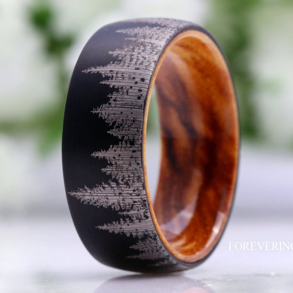 Men Black Forest Band with Olive Wood, Black Tungsten Wedding Ring, Pine Trees Band, Matte Brushed, Nature Landscape Ring, Comfort Fit, Dome