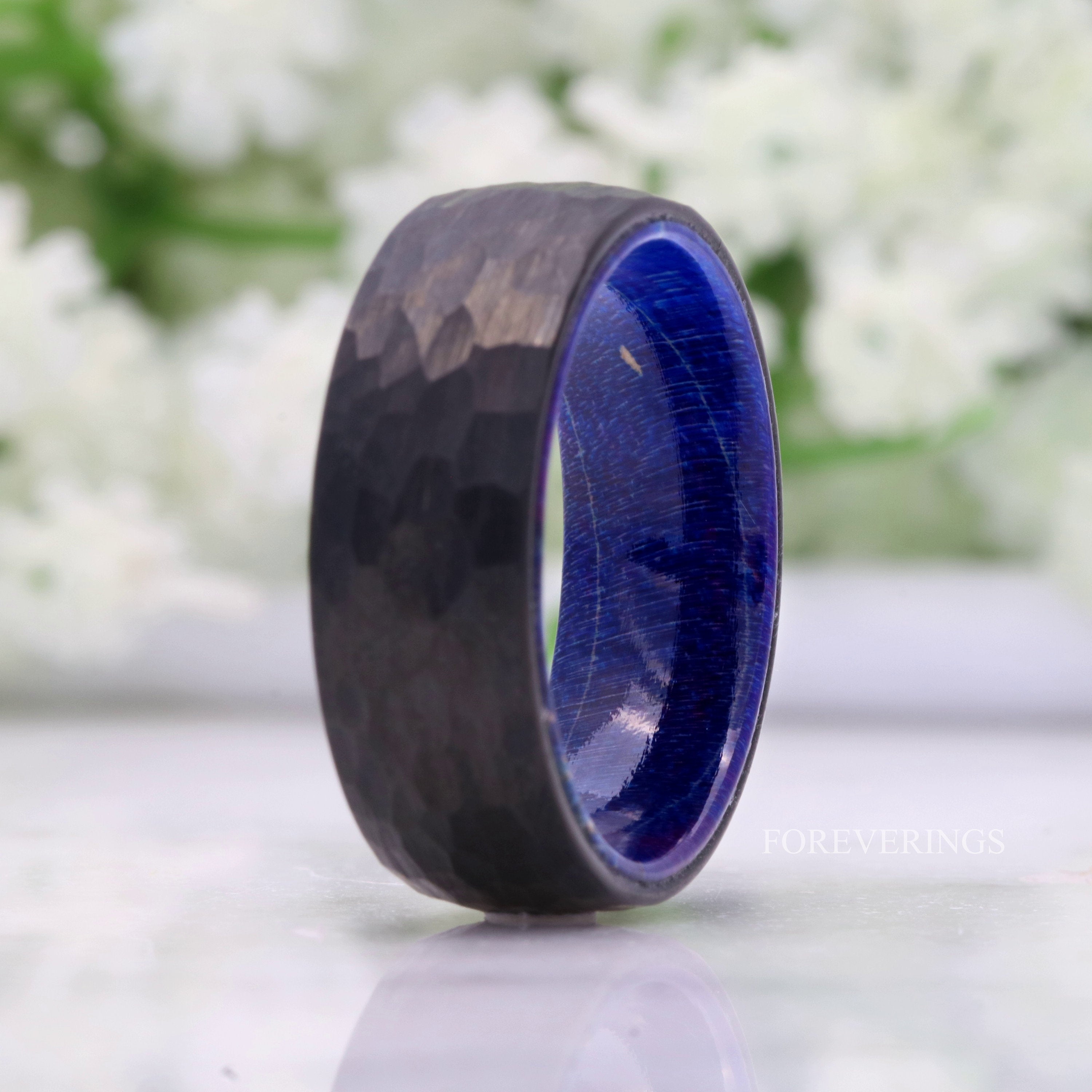 Mens Wood Wedding Band, Black Tungsten Ring, Black and Blue, Hammered, Brush Matte, Dome, Man Engagement Ring, 5th Anniversary Gift for Him