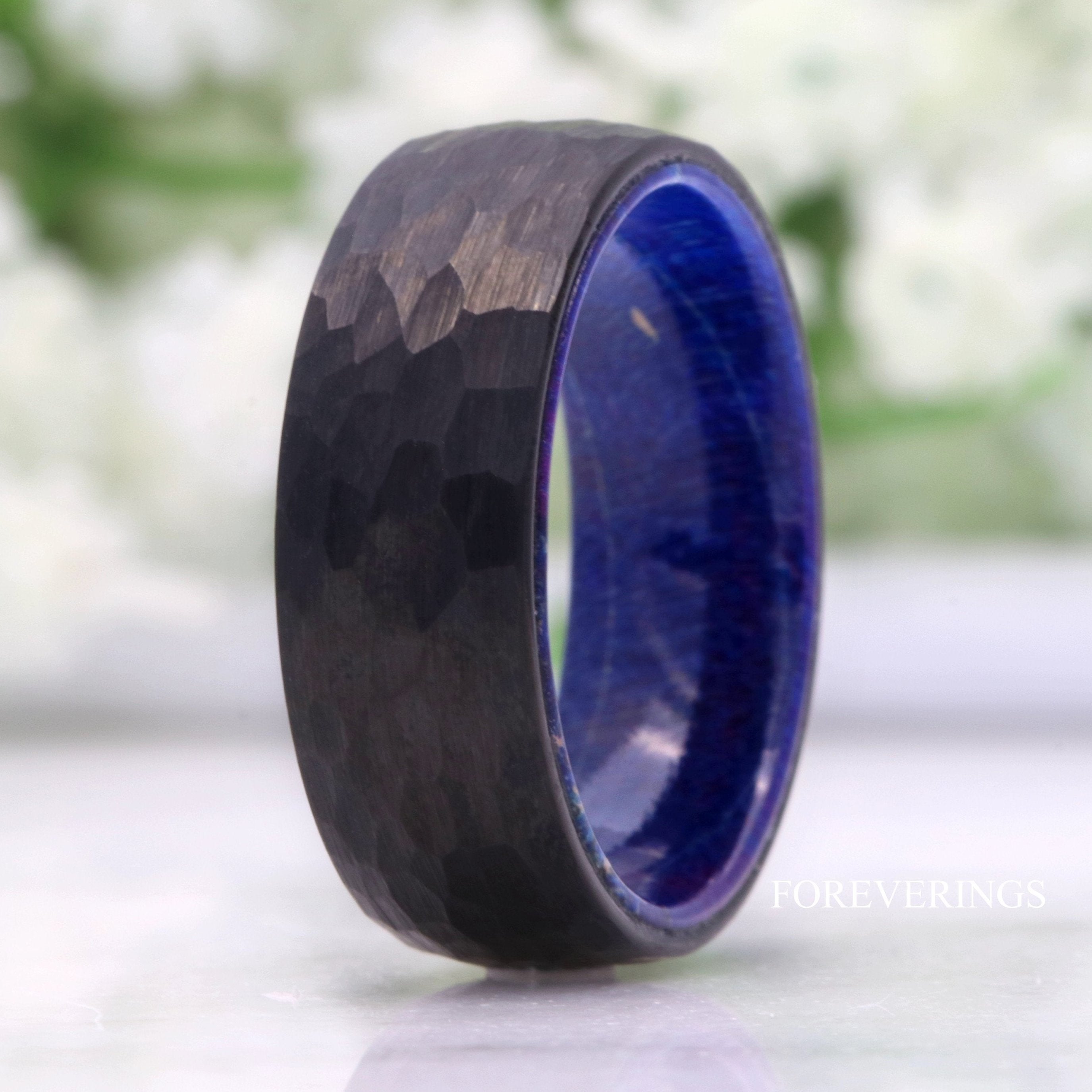 Mens Wood Wedding Band, Black Tungsten Ring, Black and Blue, Hammered, Brush Matte, Dome, Man Engagement Ring, 5th Anniversary Gift for Him