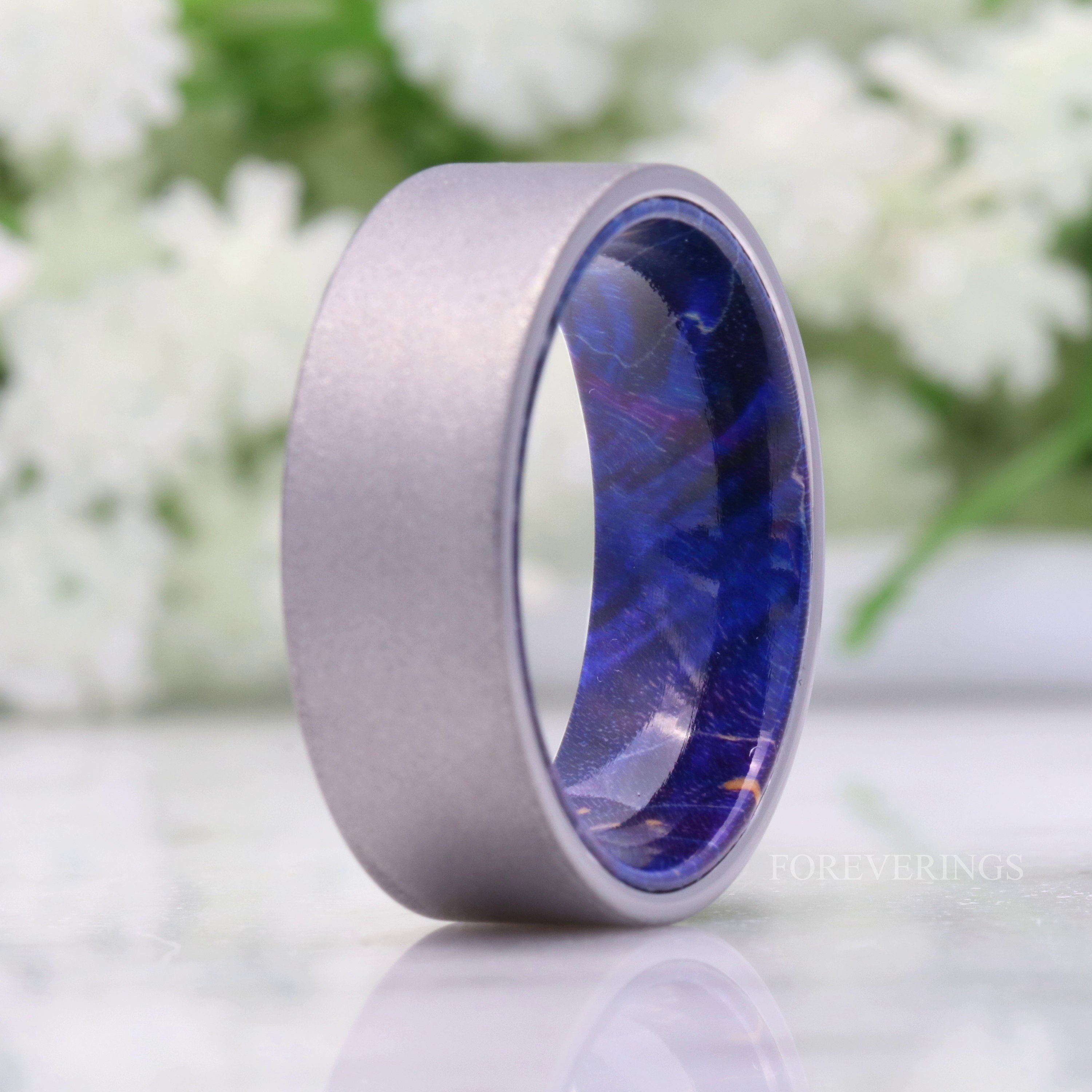 Blue Elder Wood Ring, 8mm Silver Tungsten Ring, No Plating, Mens Wedding Band, Sandblasted, Flat, Comfort Fit