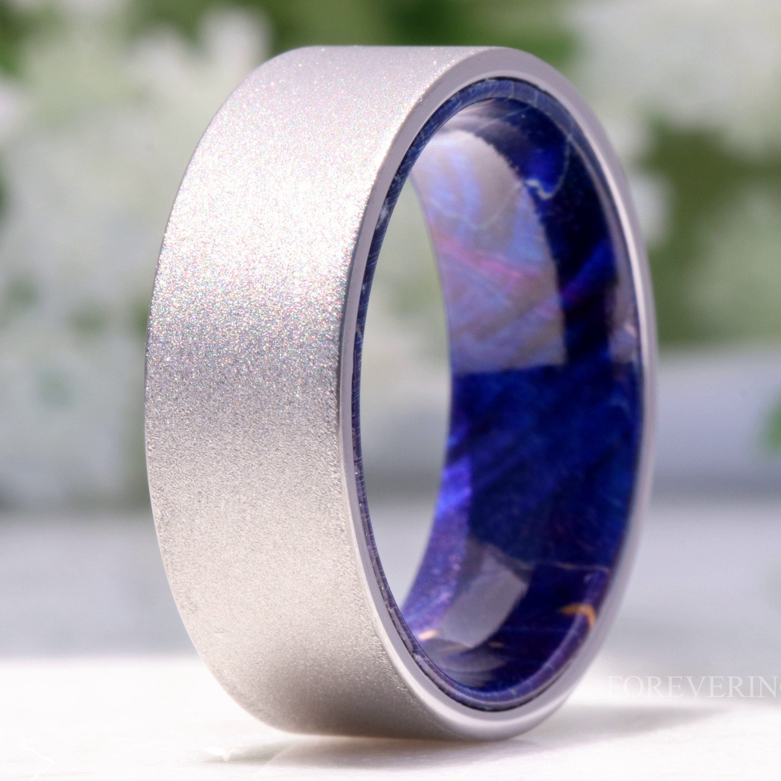 Blue Elder Wood Ring, 8mm Silver Tungsten Ring, No Plating, Mens Wedding Band, Sandblasted, Flat, Comfort Fit