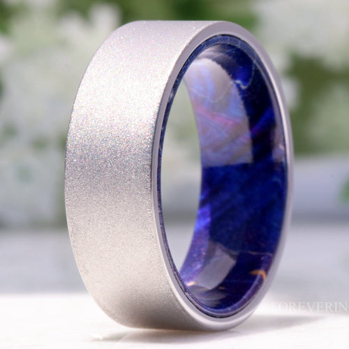 Blue Elder Wood Ring, 8mm Silver Tungsten Ring, No Plating, Mens Wedding Band, Sandblasted, Flat, Comfort Fit