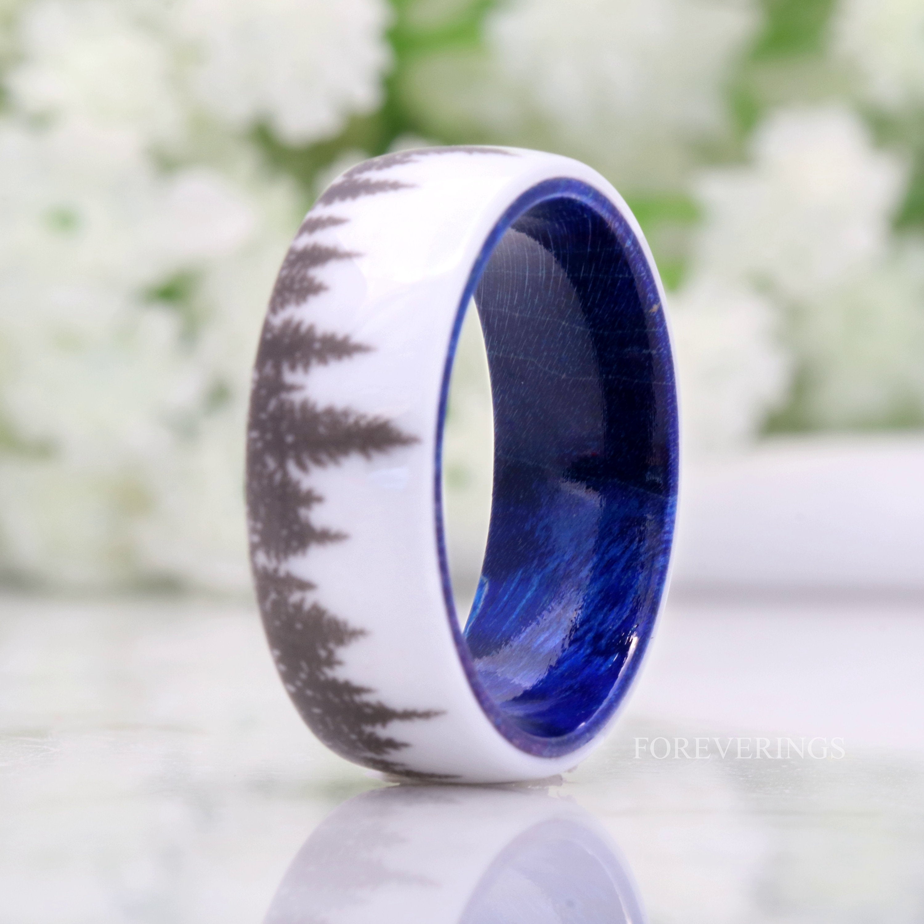 Man Forest Tree Ring, Blue Wood Wedding Band, 8mm-6mm White Ceramic Ring, Nature Landscape Band, Pine Tree Ring, Promise Ring, Dome Polish