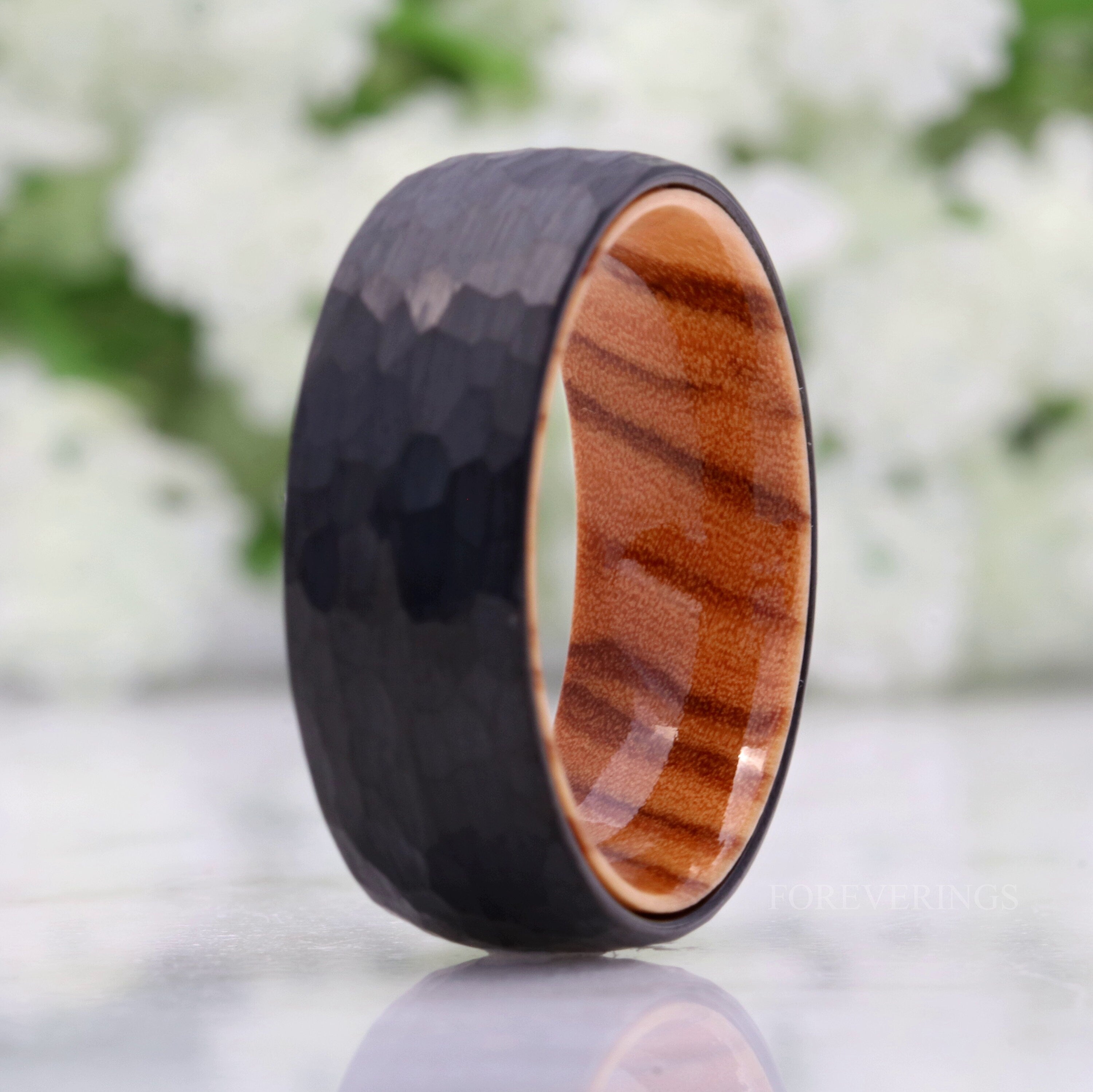 Olive Wood and Tungsten Ring, 8mm Mens Wedding Band, Hammered, Brushed Matte, Dome, Comfort Fit