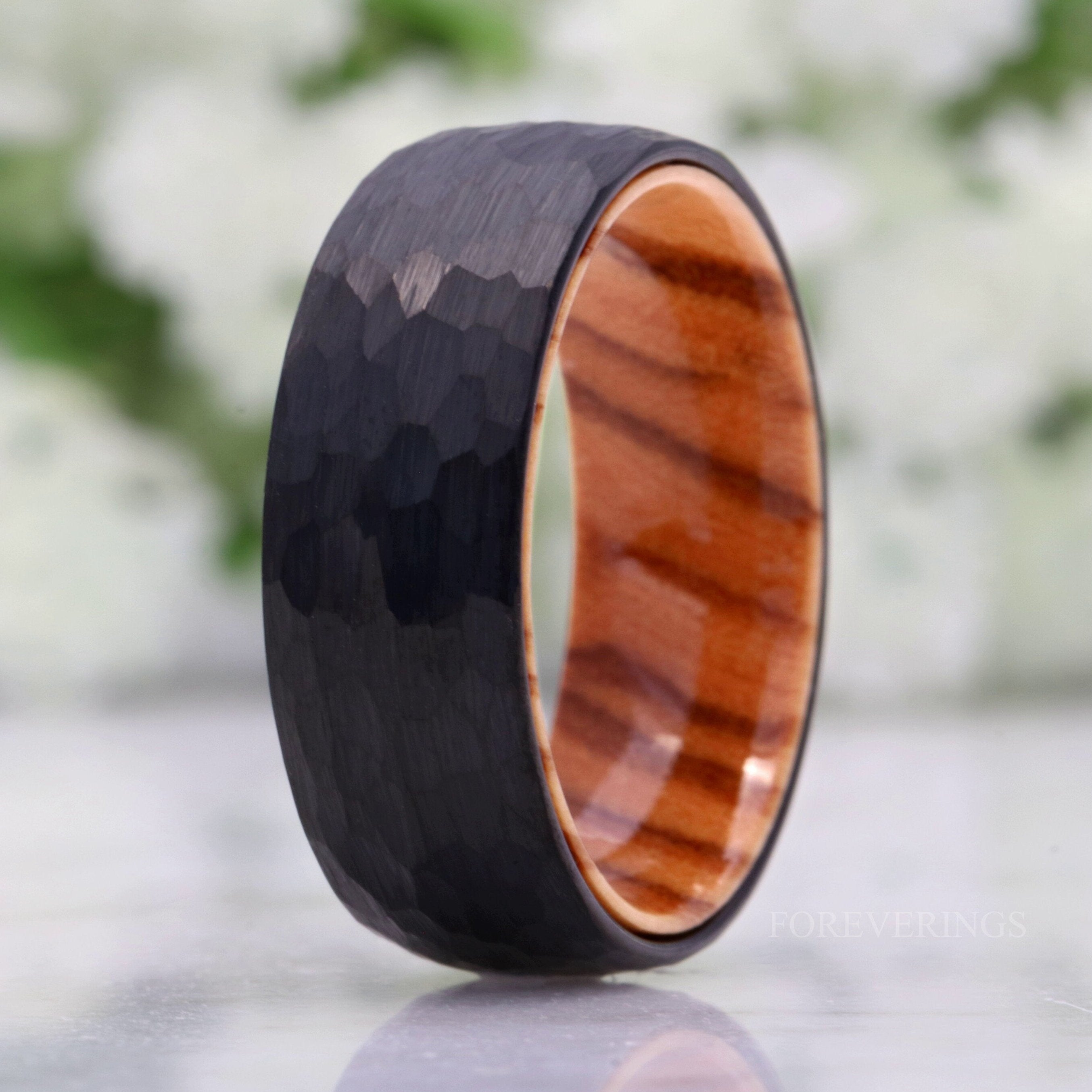 Olive Wood and Tungsten Ring, 8mm Mens Wedding Band, Hammered, Brushed Matte, Dome, Comfort Fit