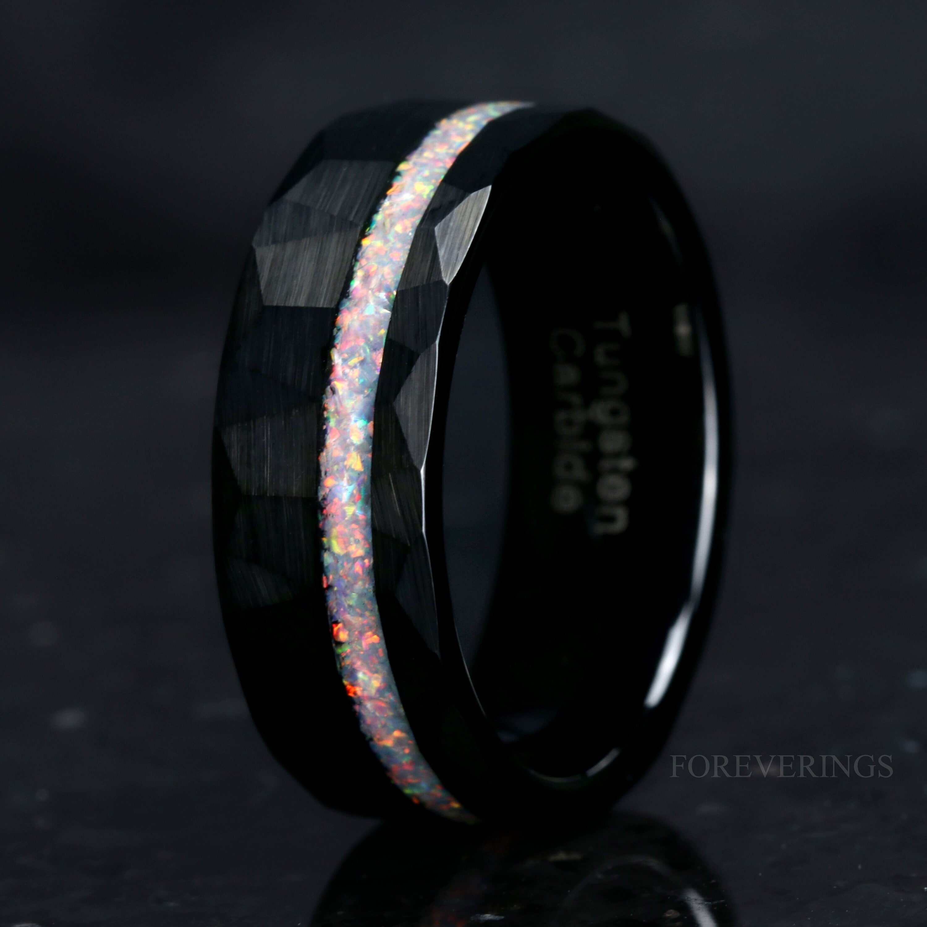 Opal Wedding Band Set, His and Hers Ring Set, Black Tungsten Band, White Fire Opal Ring, Couple Wedding Ring, Hammer, Flat, Brush, Engraving