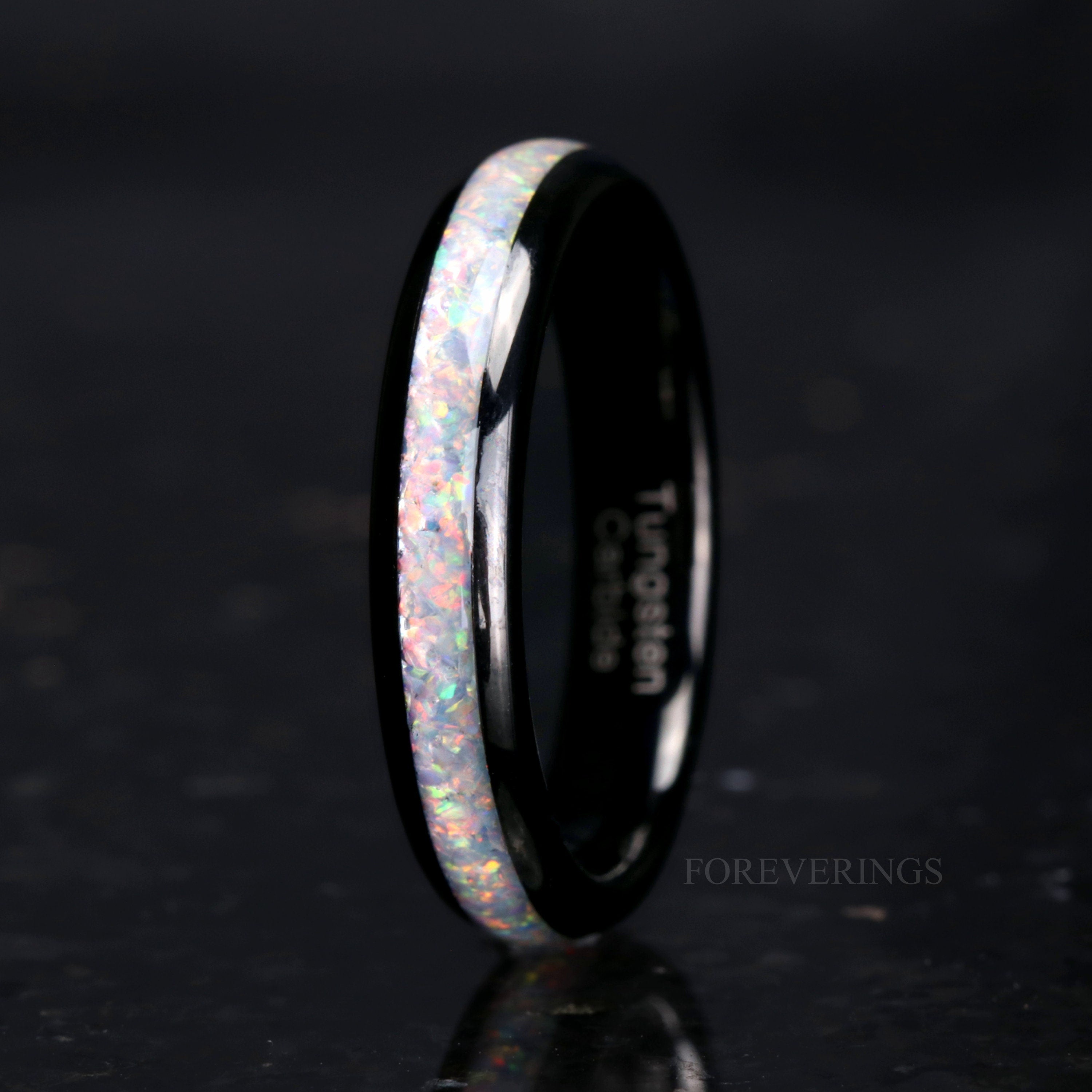 Crushed White Fire Opal Band, Black Tungsten Wedding Band, 4mm Band, Polished, Dome, Comfort Fit, Unique Ring, Anniversary Birthday Gift