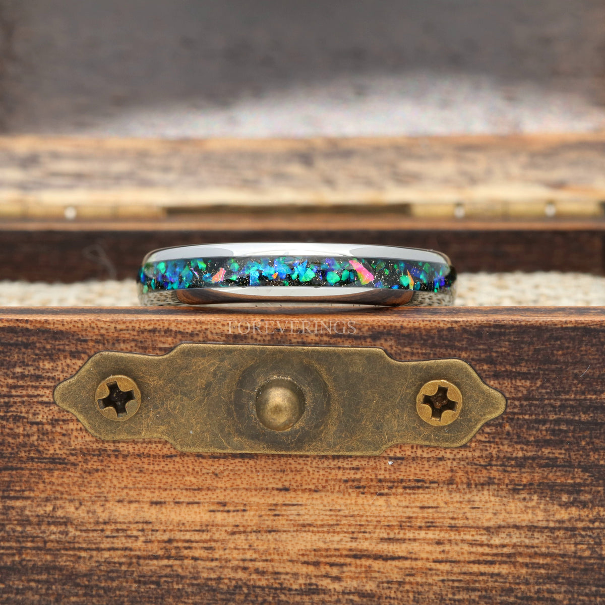 Galaxy Opal Ring for Women | 4mm Celestial Silver Tungsten Band