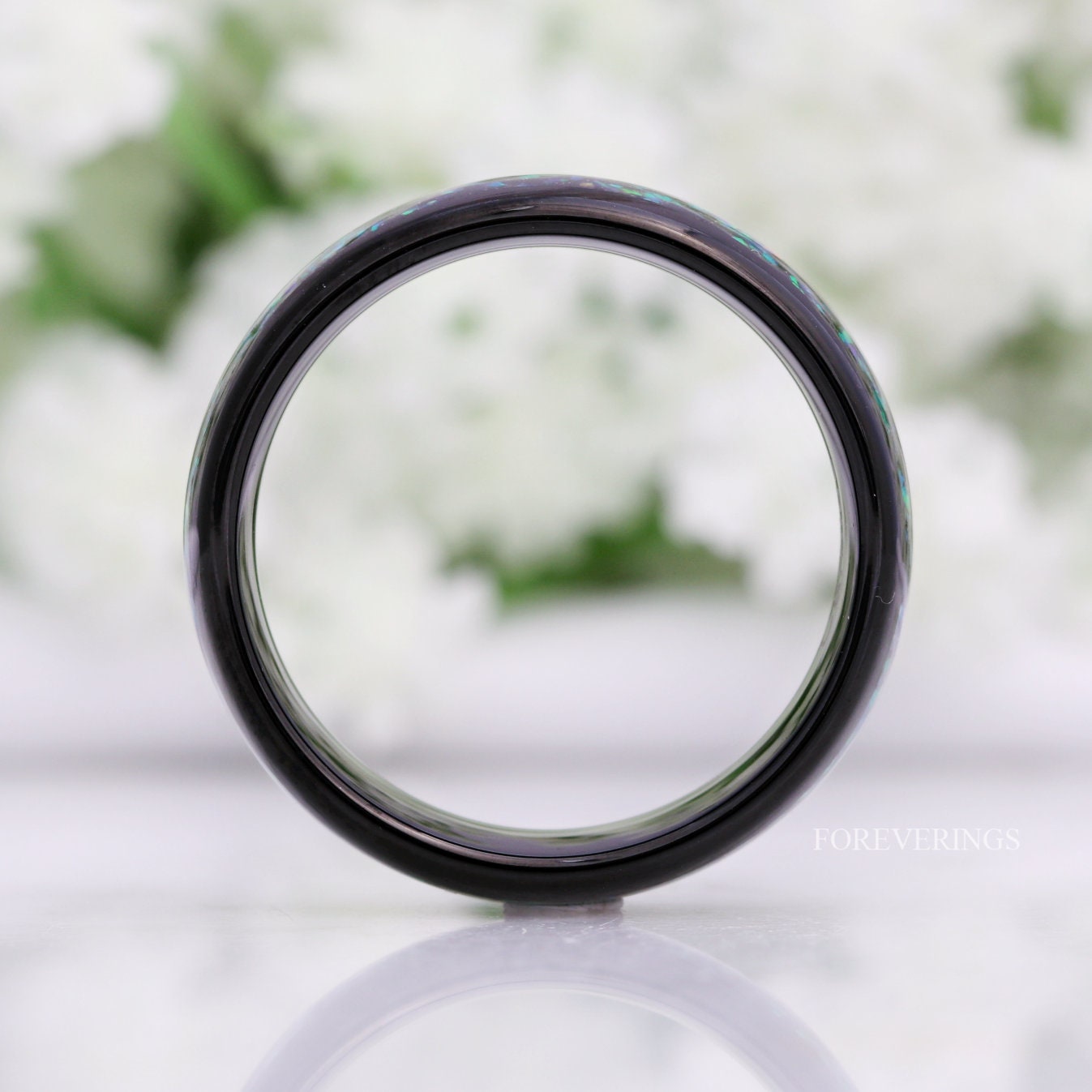 Galaxy Opal Ring, Mens Wedding Band, Engraving, 8mm Black Tungsten Ring, Domed, Polished, Black Opal Band, Galaxy Ring, Black Nebula Ring