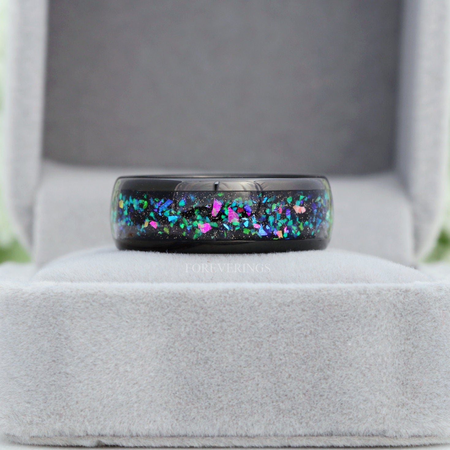 Galaxy Opal Ring, Mens Wedding Band, Engraving, 8mm Black Tungsten Ring, Domed, Polished, Black Opal Band, Galaxy Ring, Black Nebula Ring