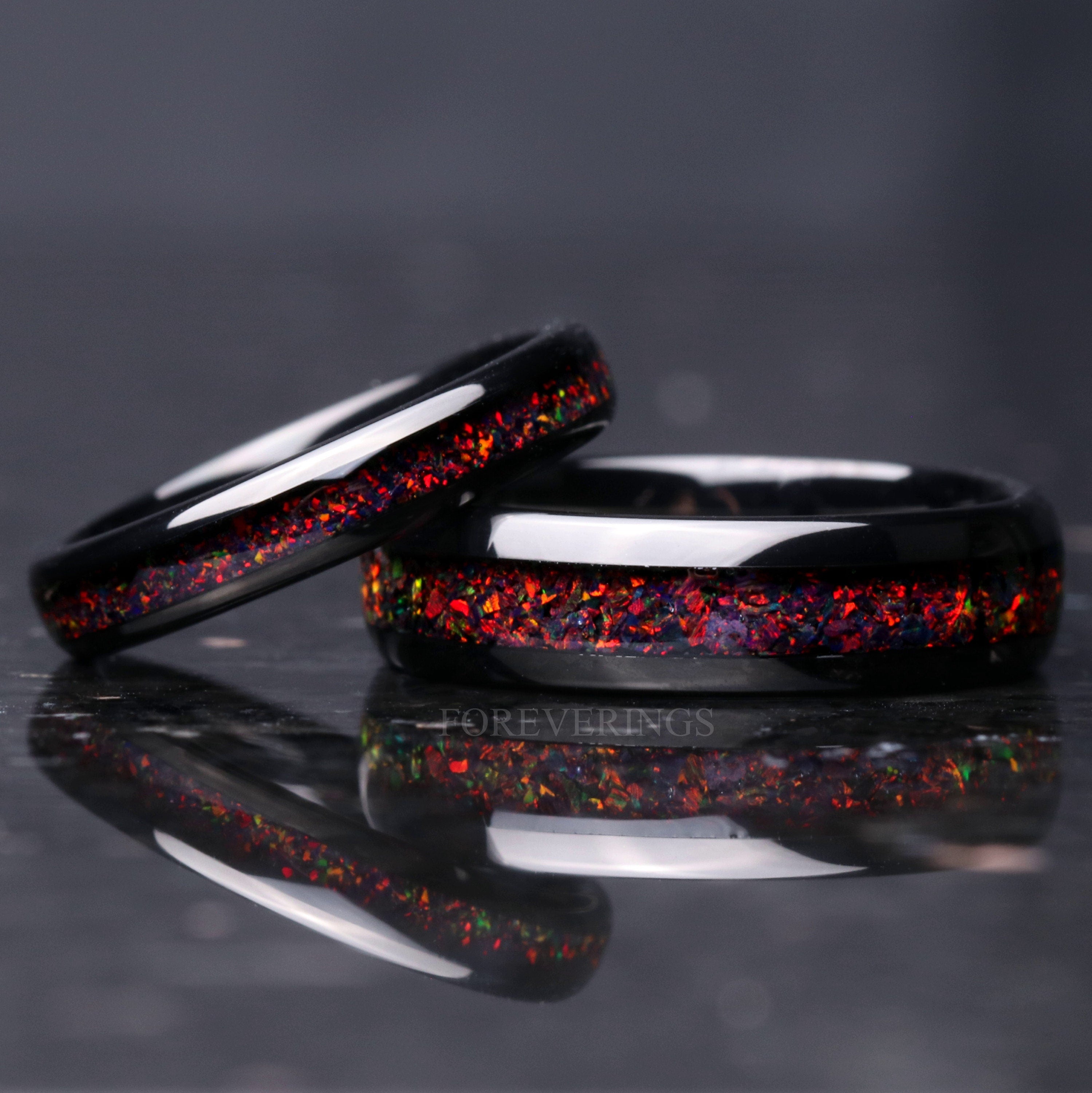 His and Hers Tungsten Wedding Band, 6mm & 4mm Black Rings, Crushed Black Fire Opal Rings, Couples Ring, Polish, Dome, Comfort Fit