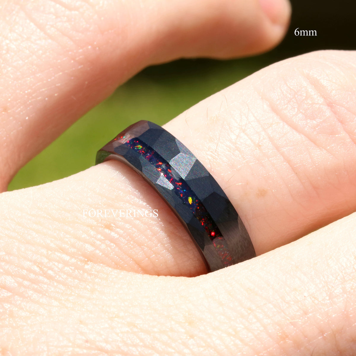 Mens Black Opal Wedding Band | Hammered Black Tungsten Ring