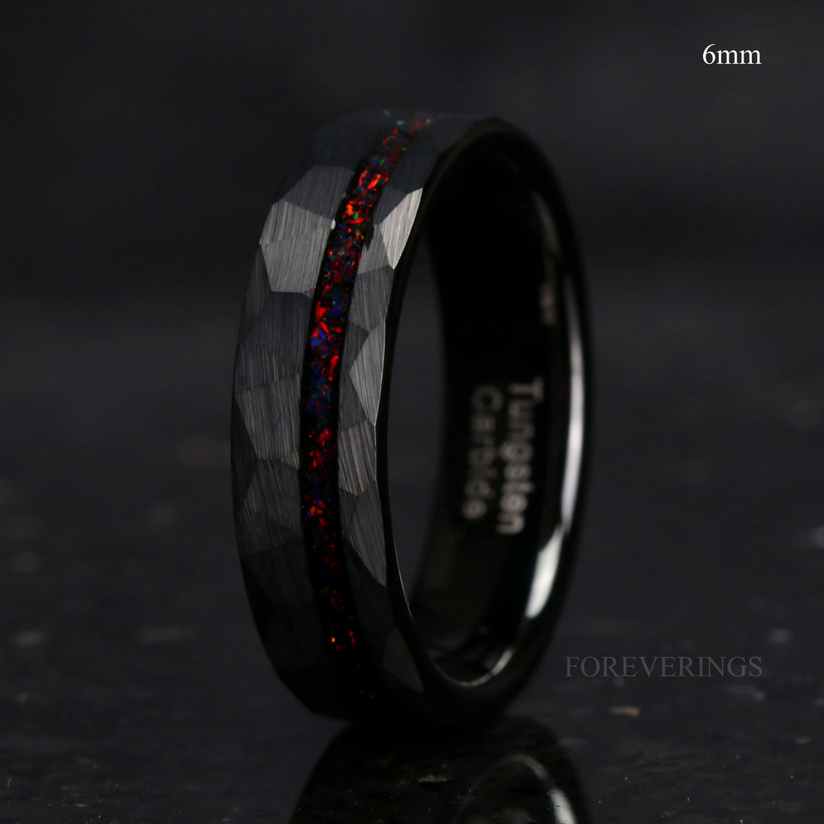 Mens Black Opal Wedding Band | Hammered Black Tungsten Ring