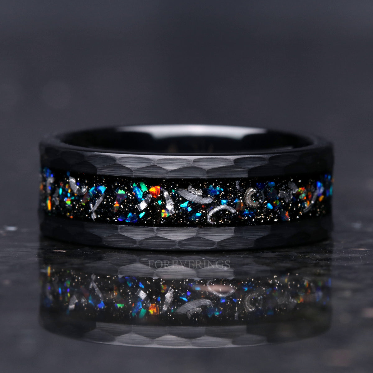 Meteorite Galaxy Opal Wedding Band | Hammered Black Tungsten Ring