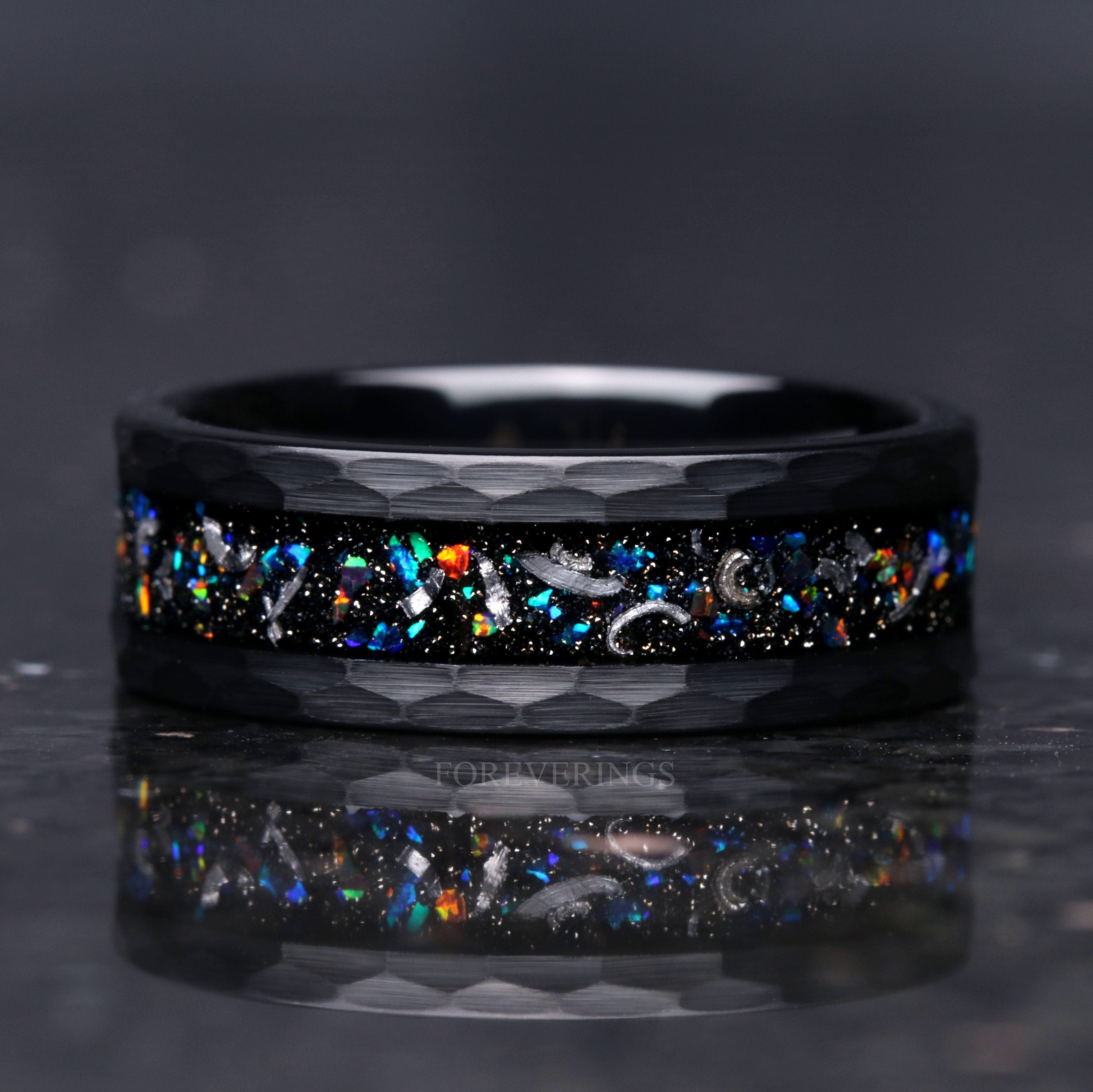 Meteorite Galaxy Opal Wedding Band, Black Tungsten Ring, 8mm-6mm-4mm, Hammered, Flat, Matte Brushed, Authentic Meteorite Ring, Unique Ring