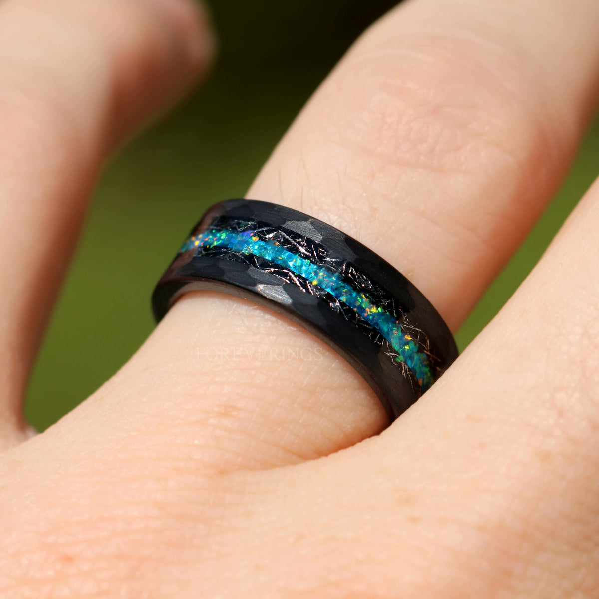 Blue Opal & Black Meteorite | Hammered Black Tungsten Wedding Band | 8mm