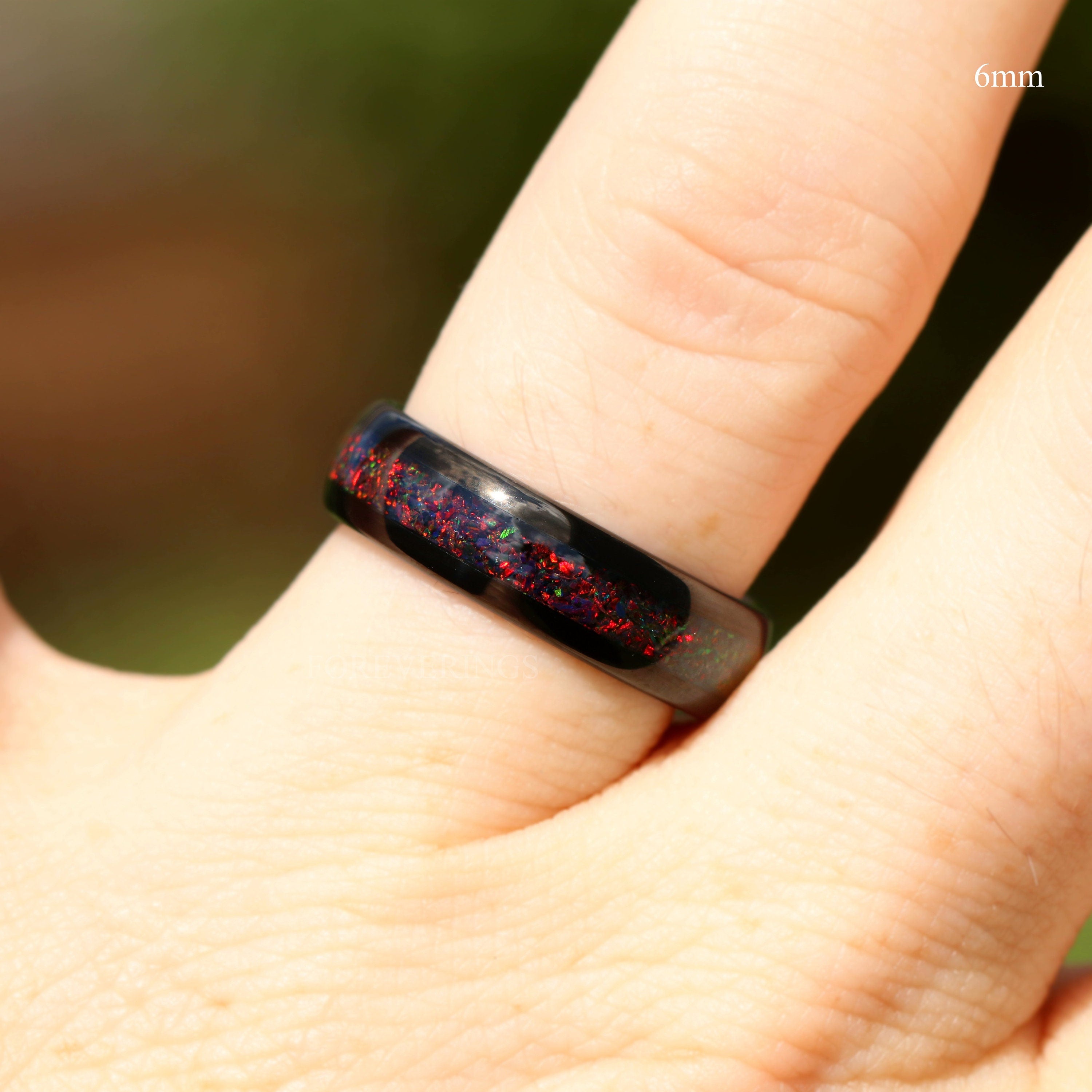 His and Hers Tungsten Wedding Band, 6mm & 4mm Black Rings, Crushed Black Fire Opal Rings, Couples Ring, Polish, Dome, Comfort Fit