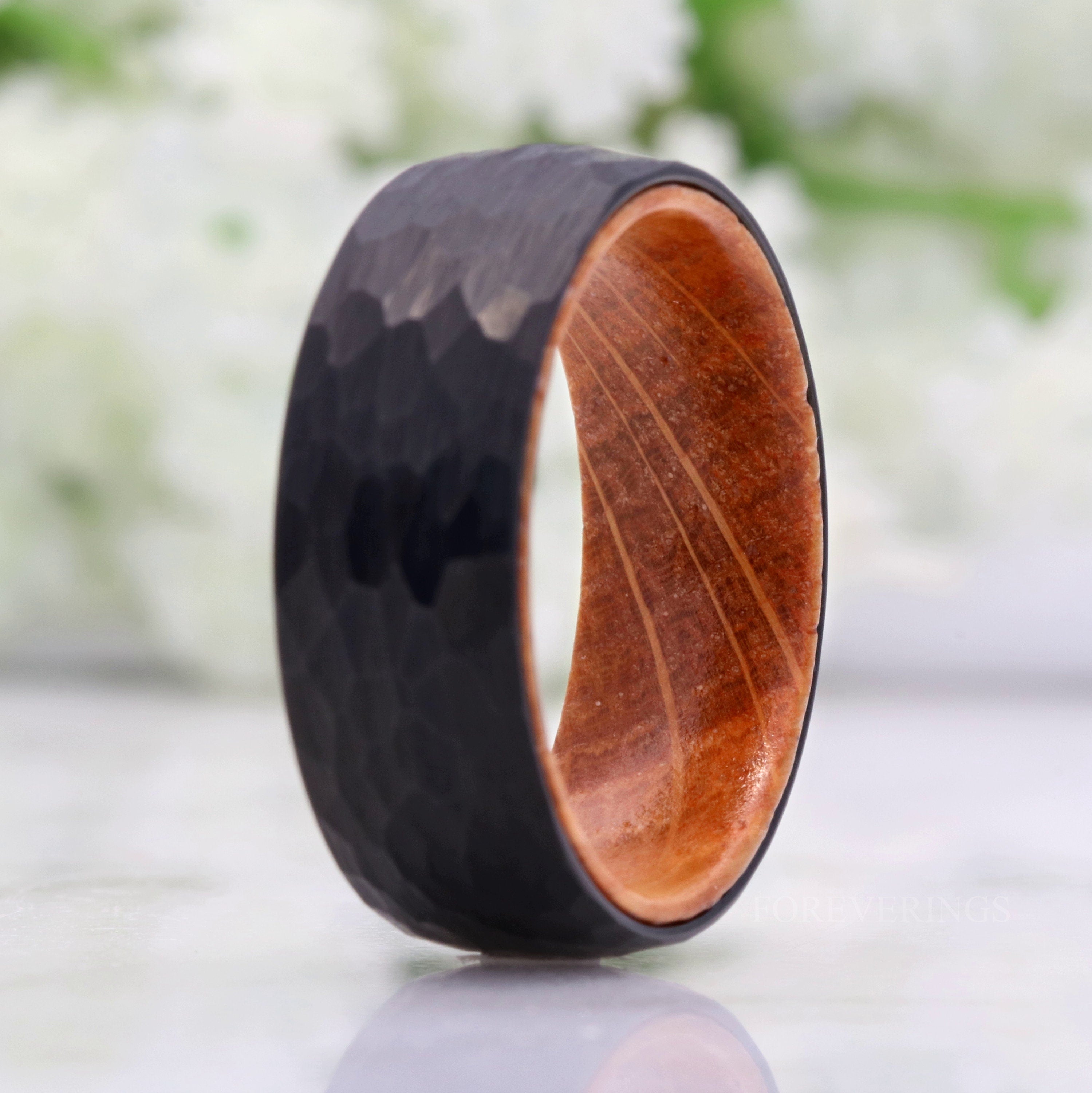 Whiskey Barrel Ring, 8mm Men Tungsten Wedding Band, Hammered, Matte Brushed, Black, Comfort Fit, Domed, Gift for Him